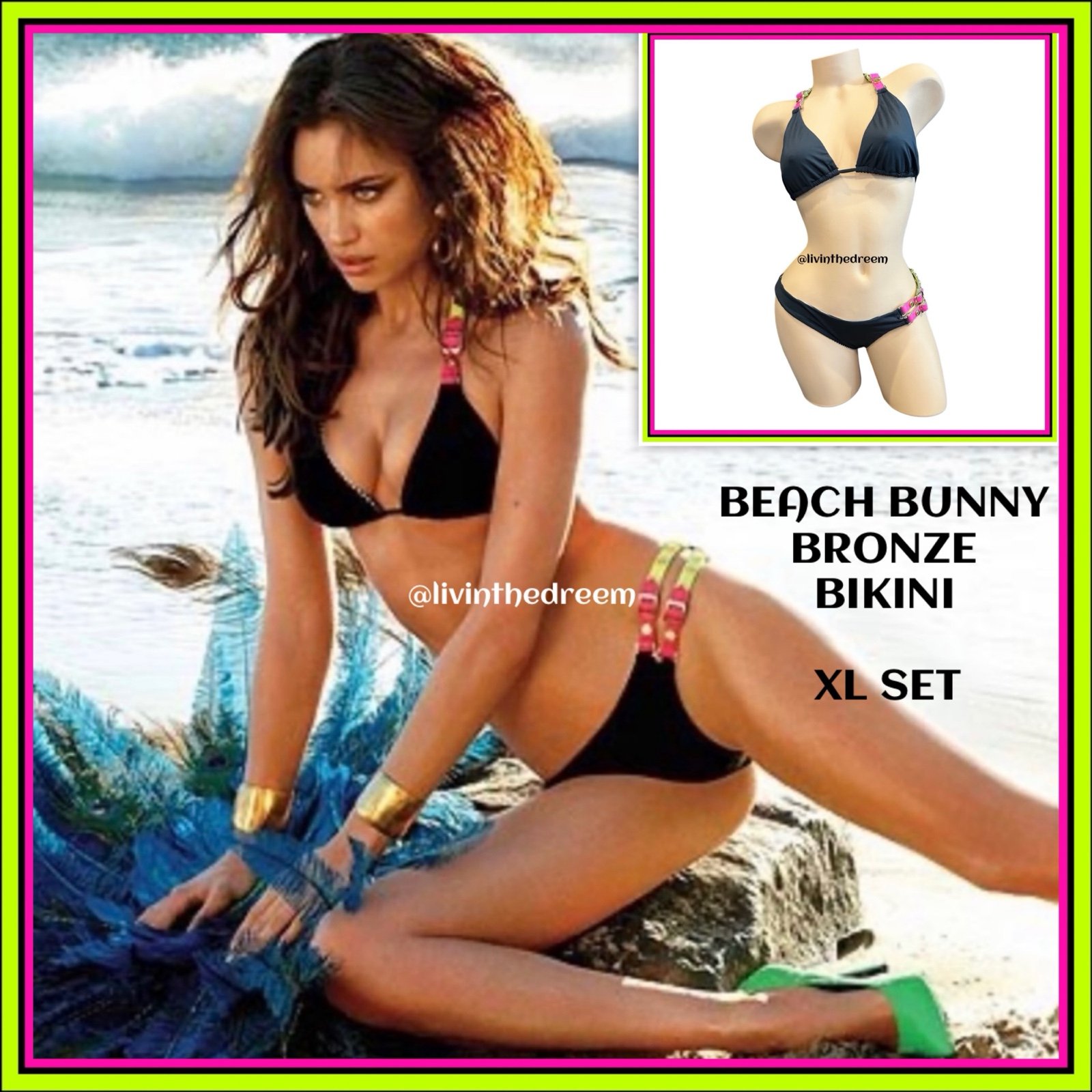 BEACH BUNNY BRONZE Black & Neon Leather Strap Buckle Bikini SZ XL Set 175