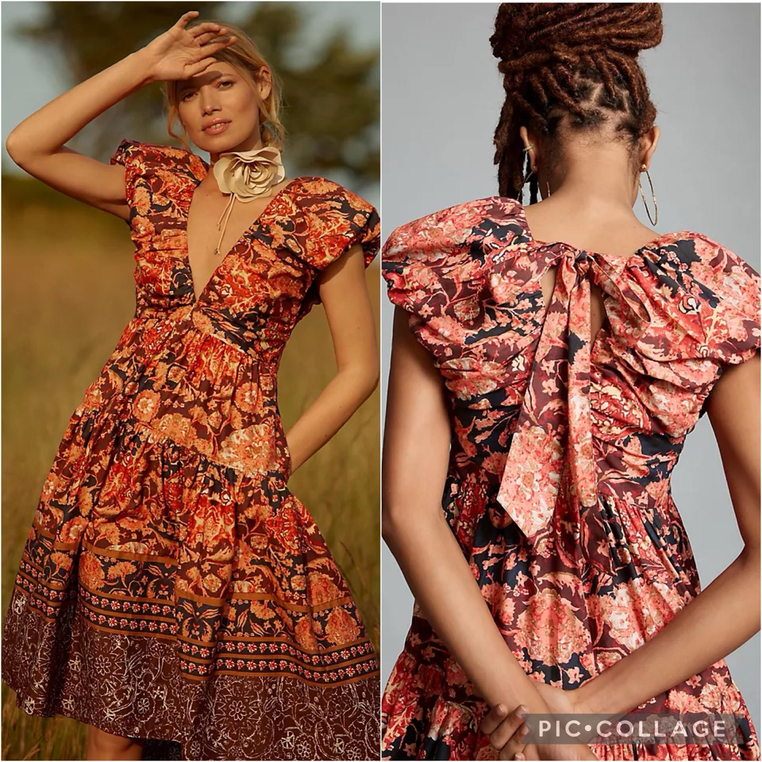 By Anthropologie Printed V-Neck Babydoll Dress in Red Motif Size 10