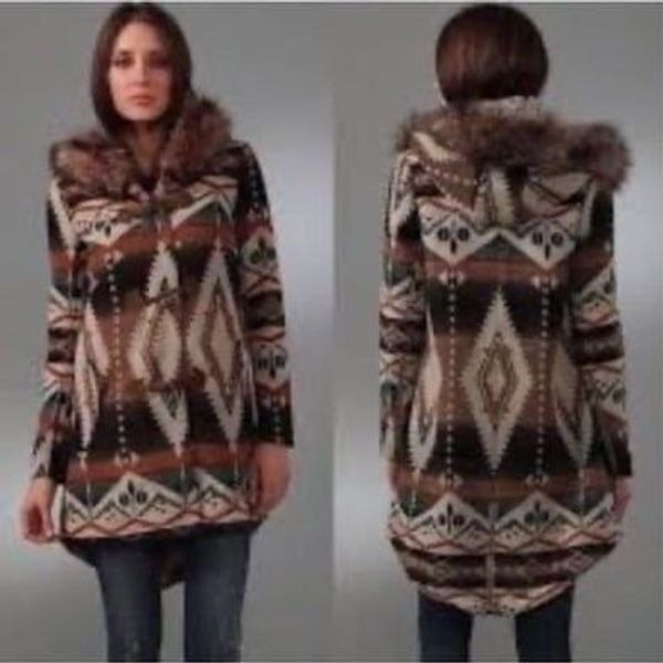 BB Dakota Navajo Bostwick Aztec Wool Faux Fur Southwestern Blanket Jacket Coat S