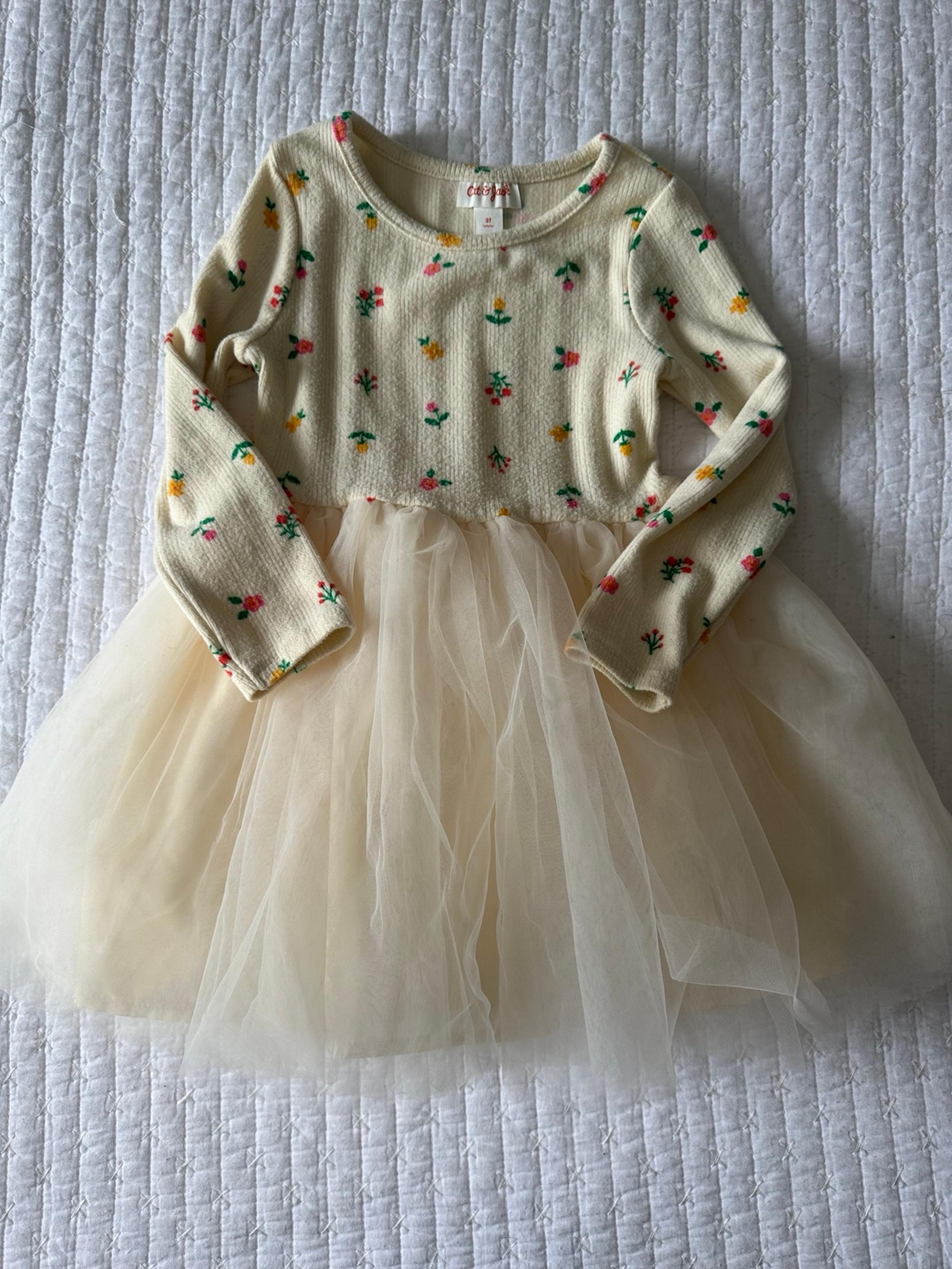 Long Sleeve Floral Print Tulle Dress