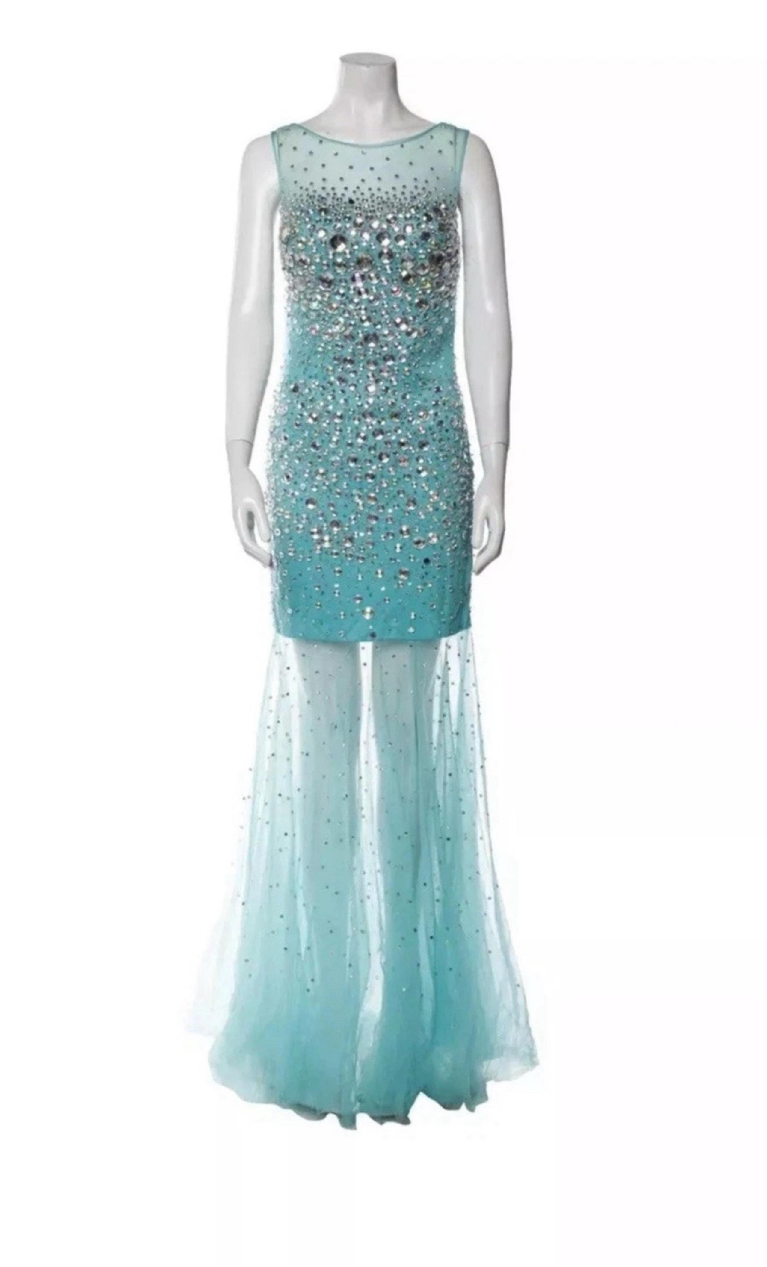 Jovani Aqua Mermaid Gown NWT Size 6 Prom Pageant Dress Beaded Sheer Tulle