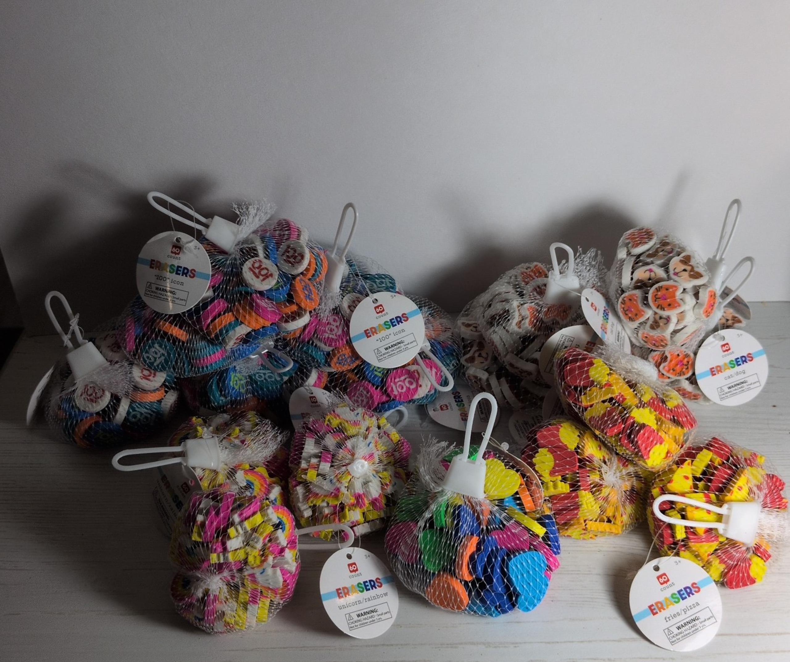 16 Mesh Bags Erasers (960 total) Pizza Fries Hearts Dog Cat Unicorn Rainbow 1oo