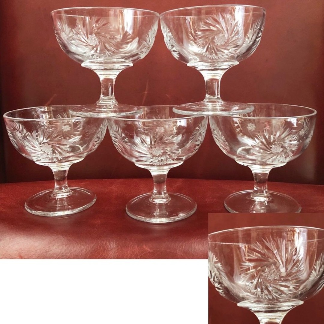 Vintage American Cut Glass Pinwheel Dessert Parfait Sherbet Glass Footed Set 5