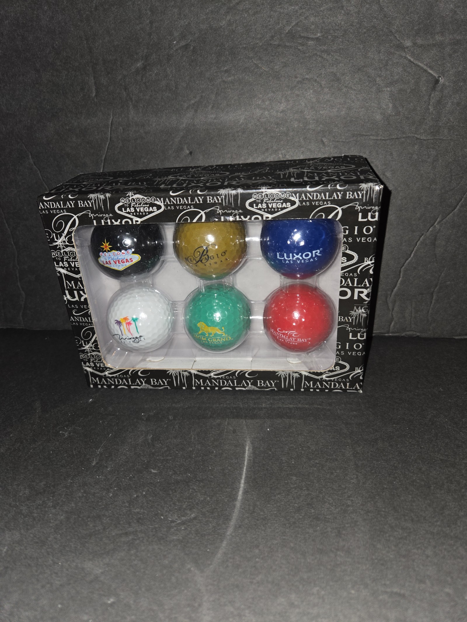 RARE NEW LAS VEGAS MGM LUXOR MIRAGE MANDALAY CASINO 6 GOLF BALL SET SEALED BOX