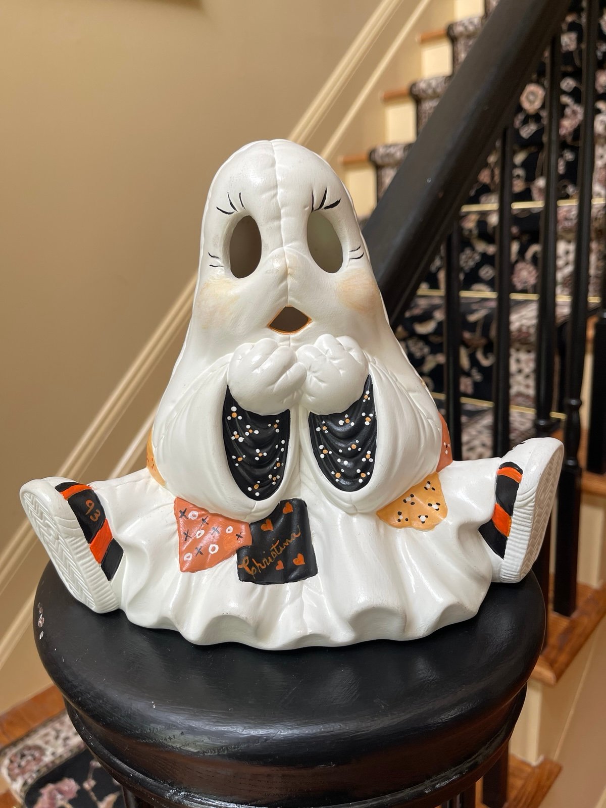Vintage Mid Century Ghost With Patches 8.5” Tall Tea Light Up Halloween  Mid Cen