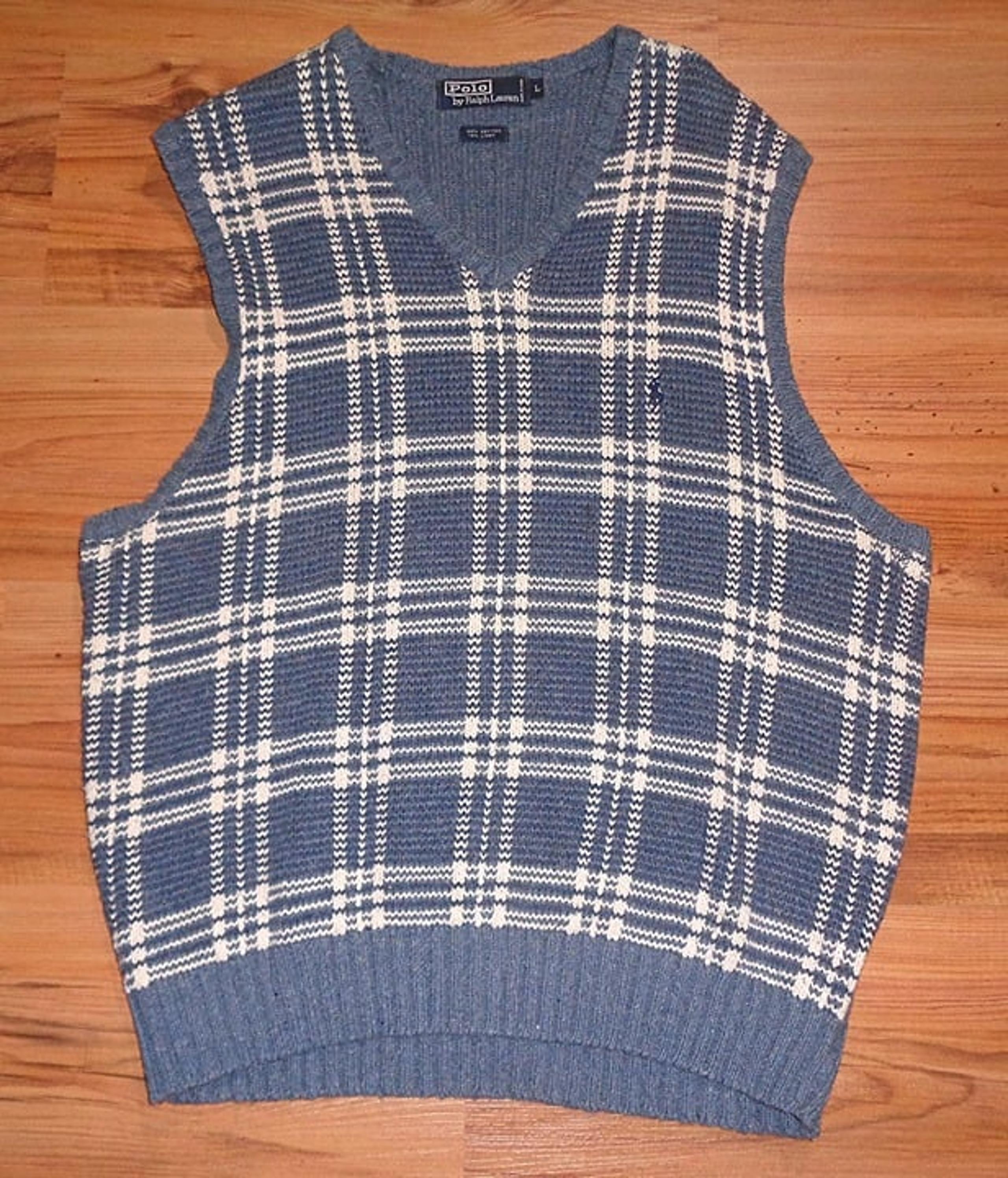 Polo Ralph Lauren Sweater Vest Men's Size Large Plaid Wht/Blue/Blue Polo Horse