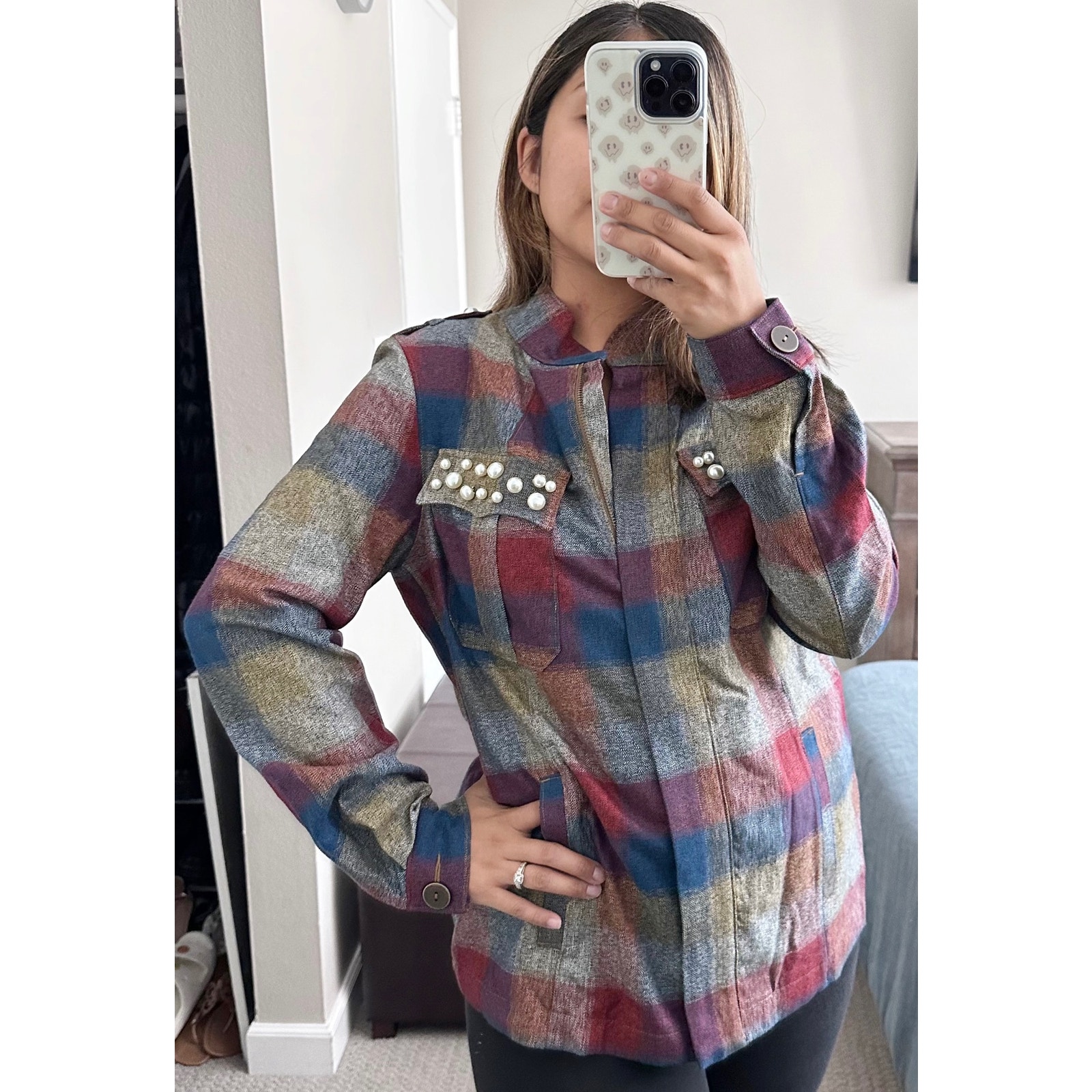 Cabi Womens College Plaid Mother Of Pearl Shacket Jacket Style #3555 Size Medium