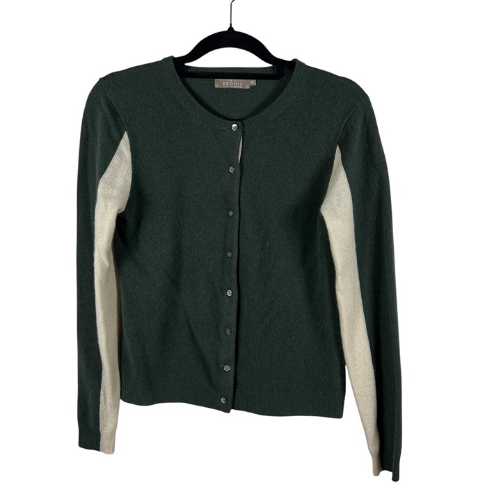 Brodie Cashmere Button Up Sweater Green And Beige Women’s Size Small Luxury