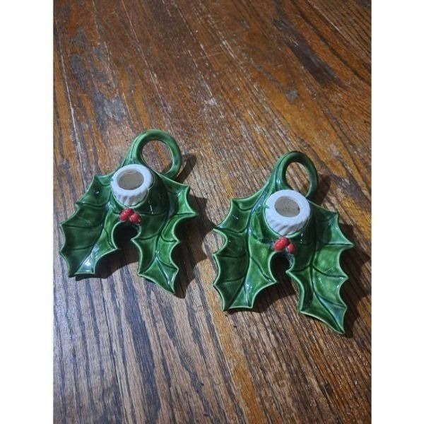 Vintage 1968 Handpainted Ceramic Christmas Holiday Holly Berry Candle Holders
