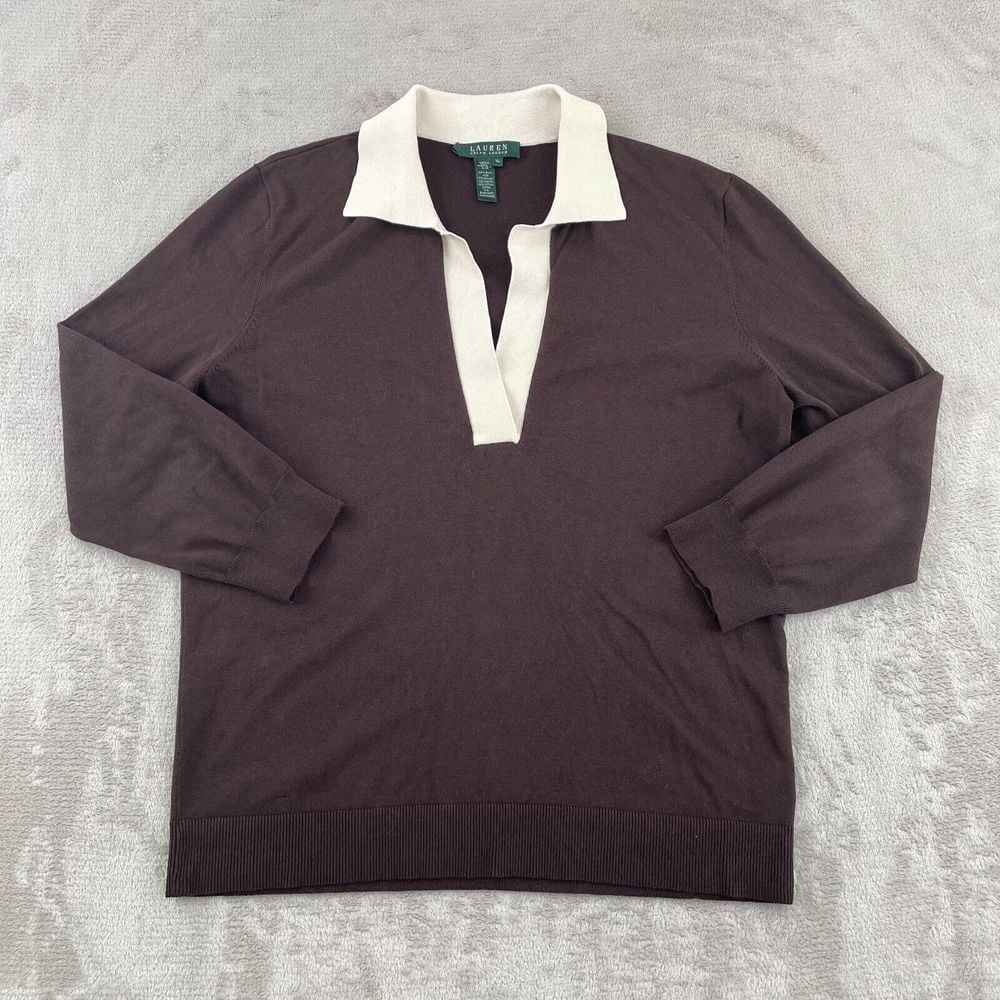 Lauren Ralph Lauren Sweater Women XL Brown Silk Blend V Neck Contrast Collar