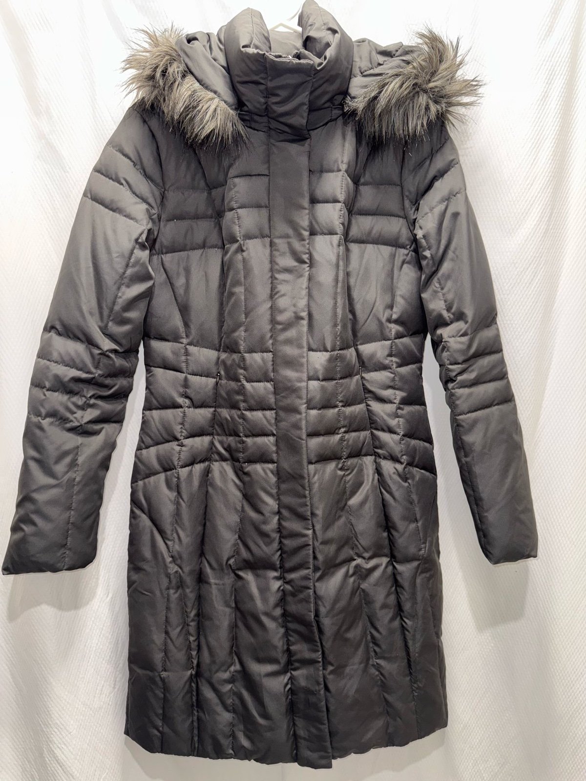Women's Small Calvin Klein Gray Puffer Coat With Faux Fur Hood