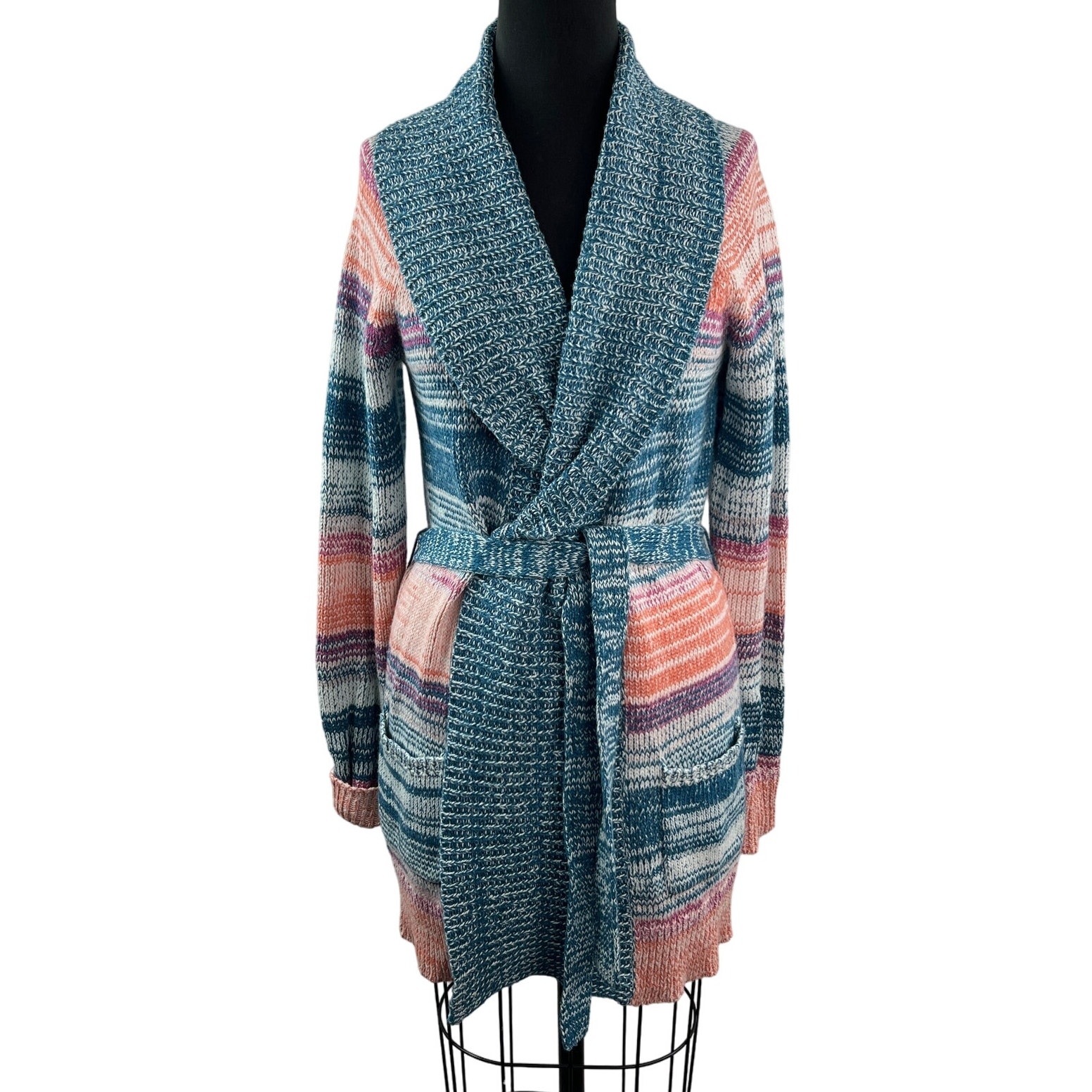 SUNDANCE Hayden Cardigan Sweater Striped Knit Tie-Waist Shawl Neck Size M Medium