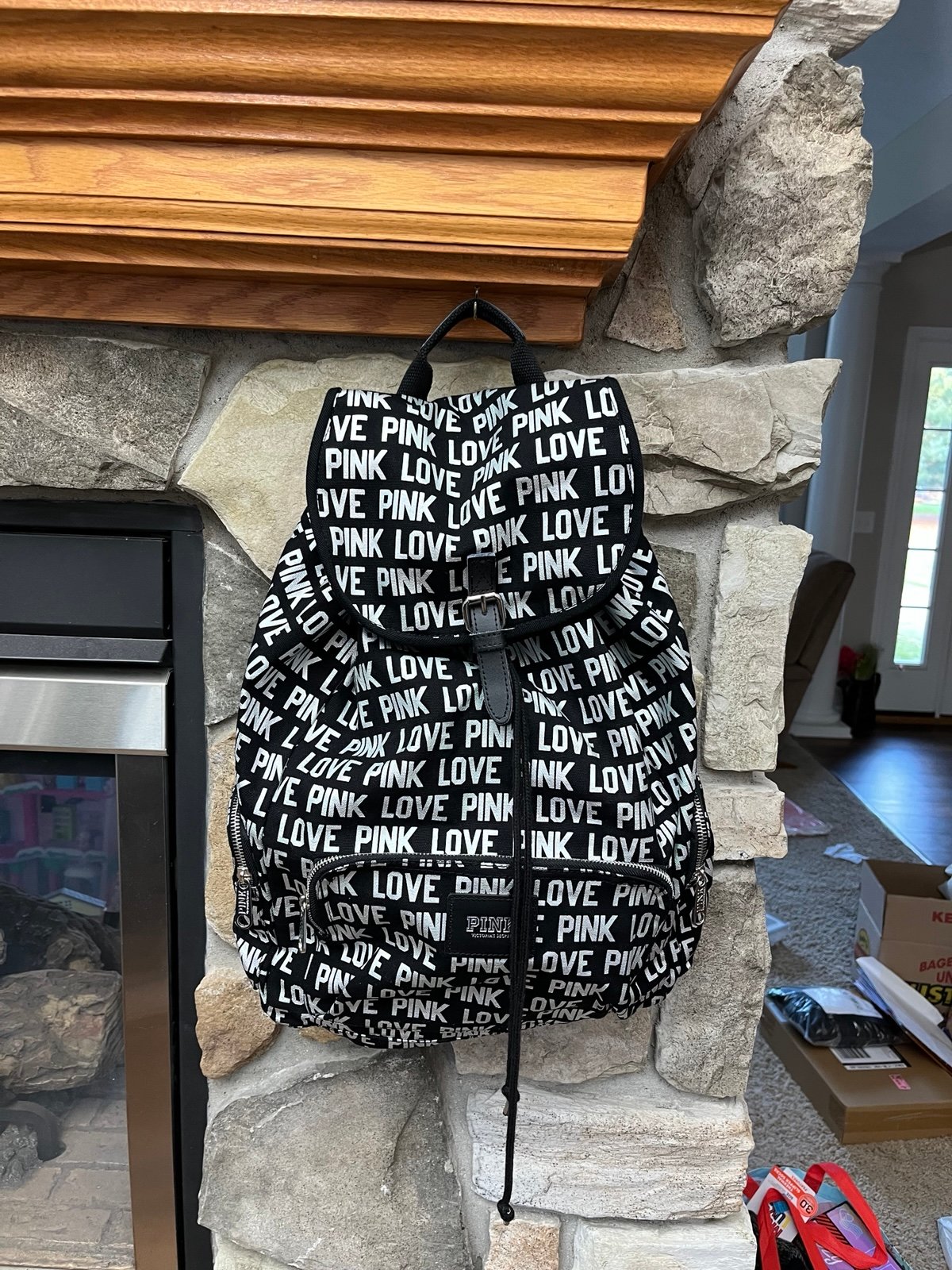 Victoria's Secret Love PINK Black Logo Shimmer Drawstring Backpack Bag Tote