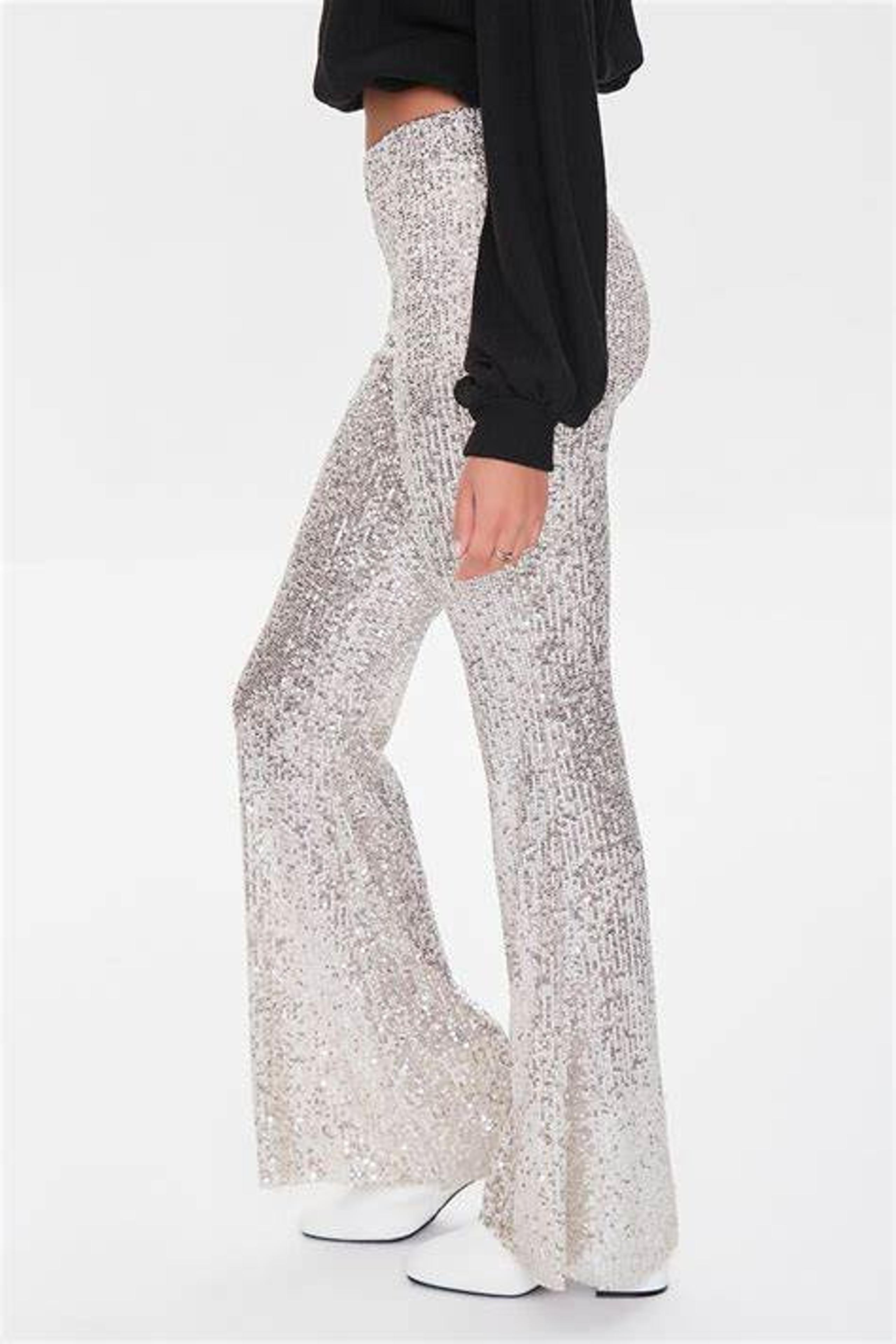 FOREVER 21 Silver Sequin Bell bottom Flare NYE Pants RARE costume glam disco