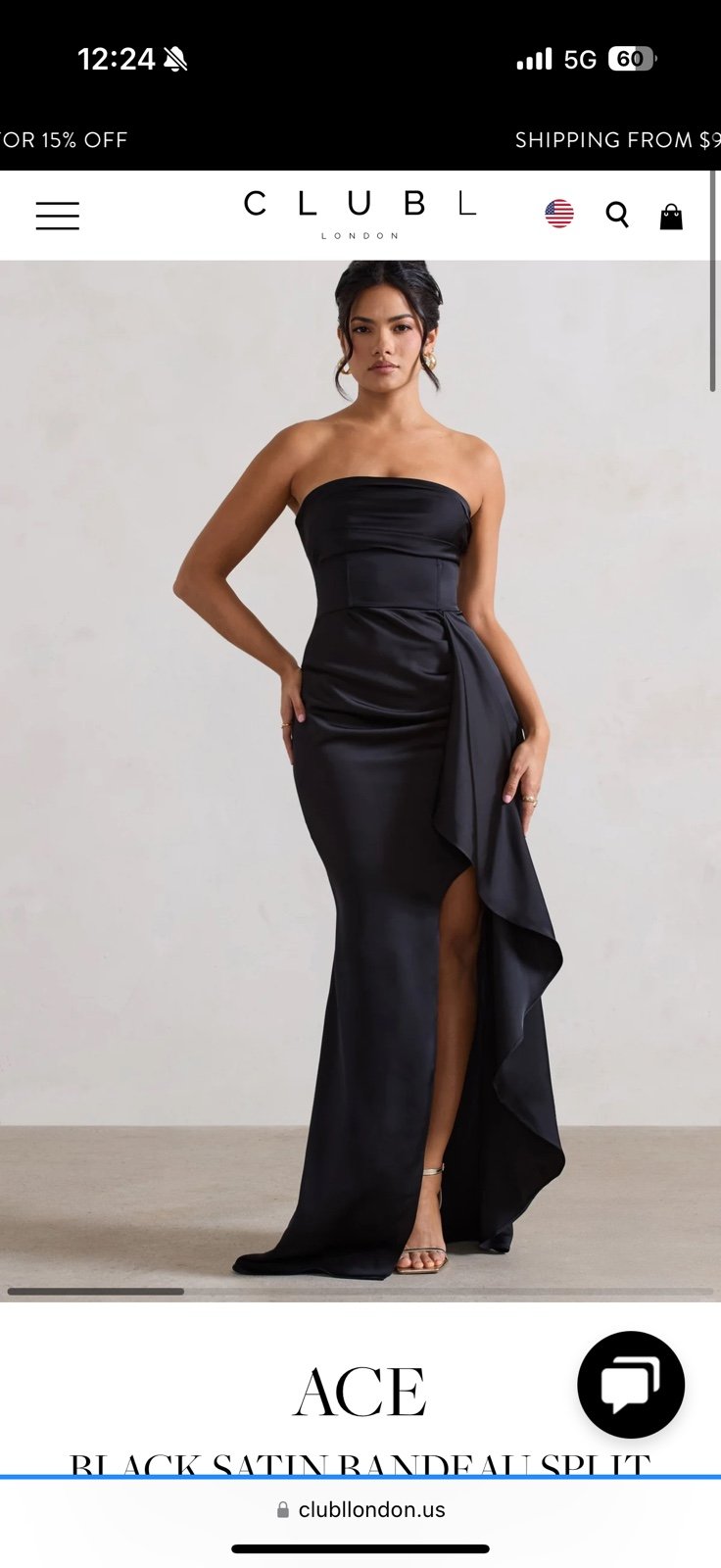 Club L London Ace Black Satin Bandeau Split Maxi Dress with Ruffle Drape