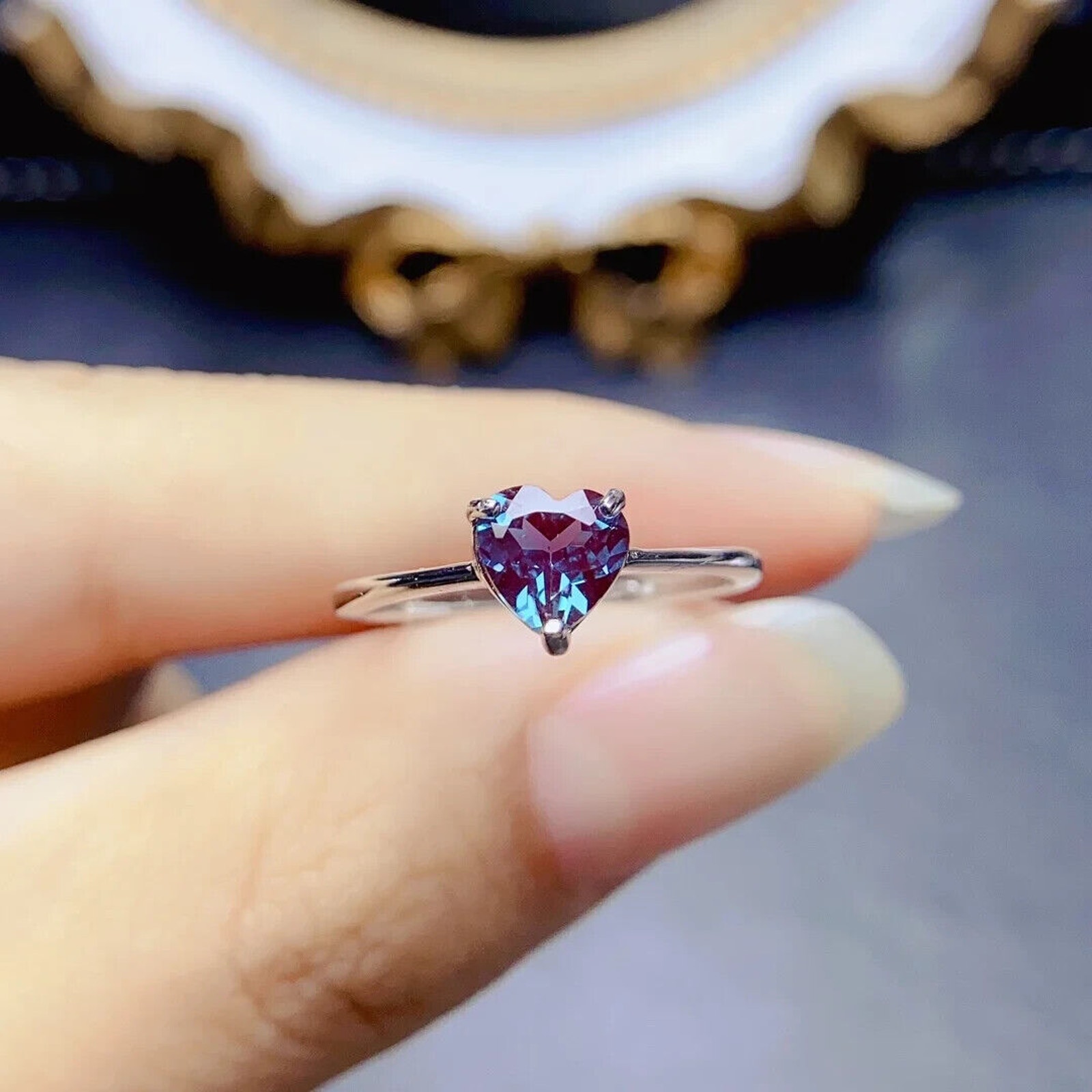 Color Changing Alexandrite Ring, Lab Created Alexandrite Solitaire Heart Ring