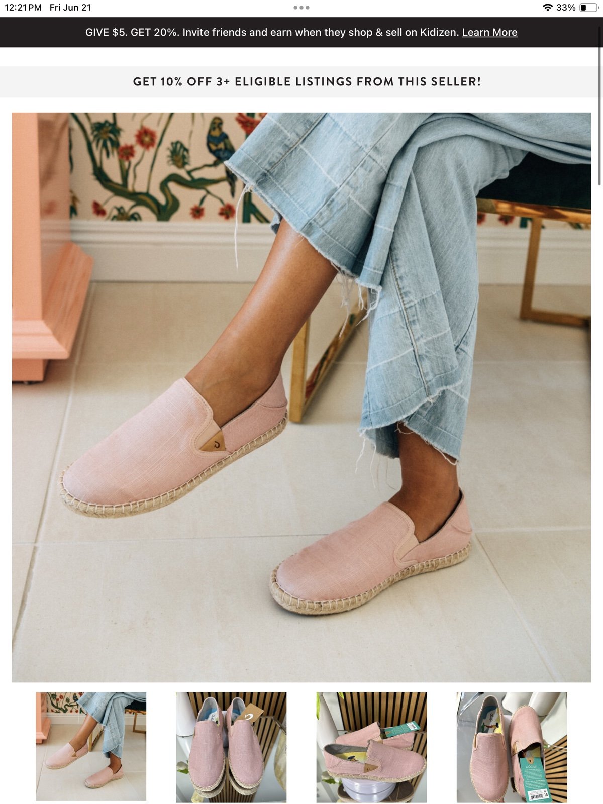Womens Olukai Kaula Pa'a Kapa Rose Sea Salt Pink Canvas Espadrille Size 6 EU36