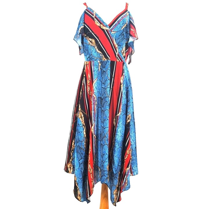 INC Dress Chain Snake Print Cold Shoulder Handkerchief V-neck Colorful Stretchy
