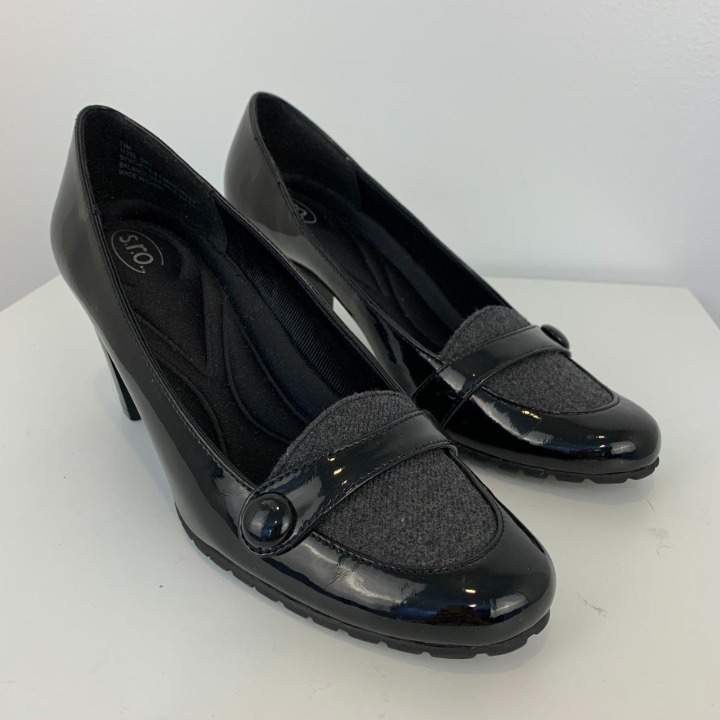 SRO Sz 7.5 Heeled loafers blk grey fabri
