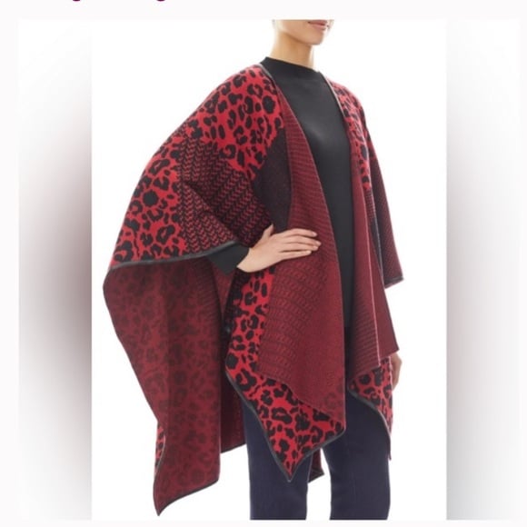 Ming Wang Hope Red black animal print leopard patchwork sweater wrap OS NWT