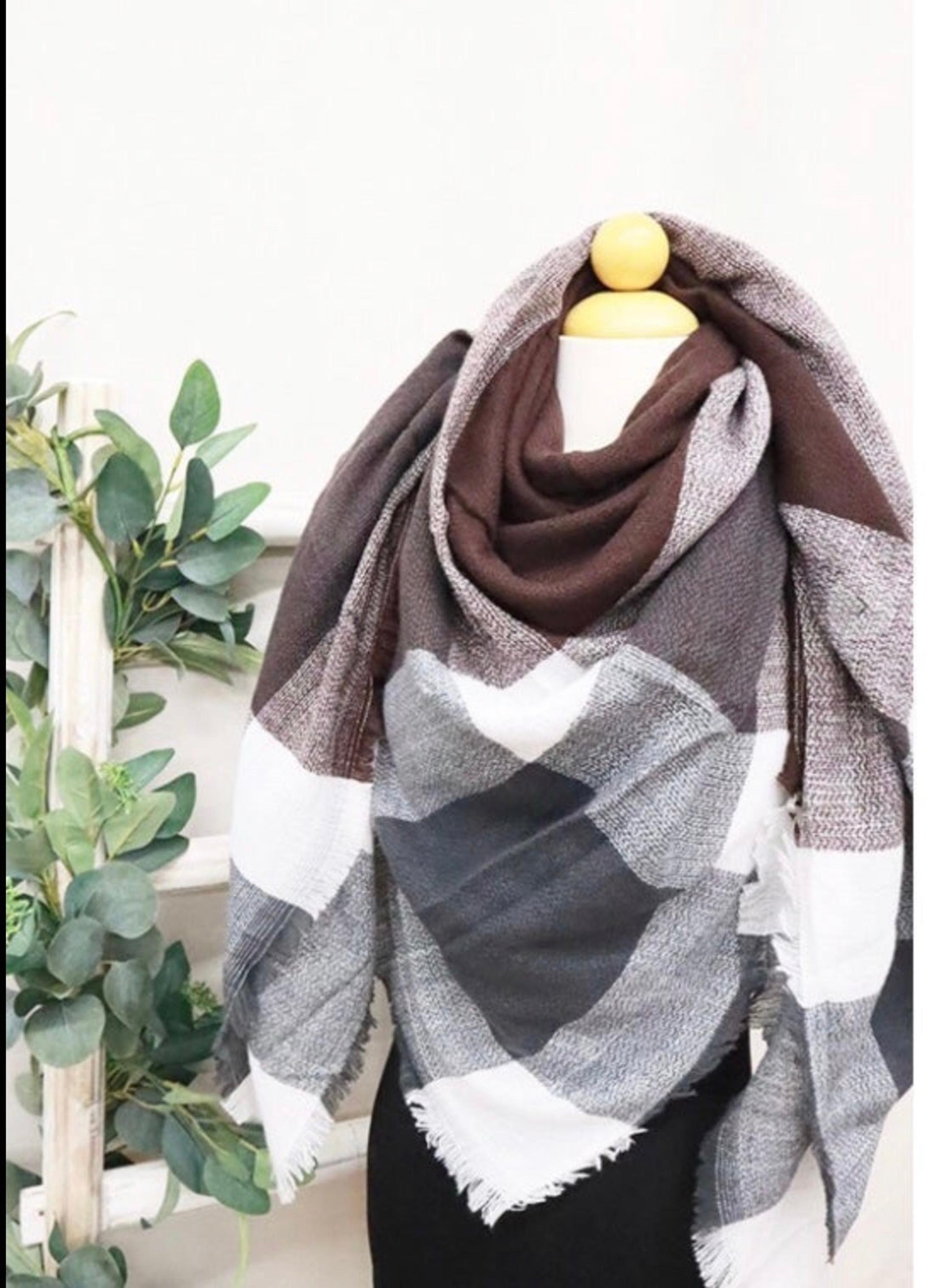 Gray-Blue-Maroon Plaid Blanket Scarf