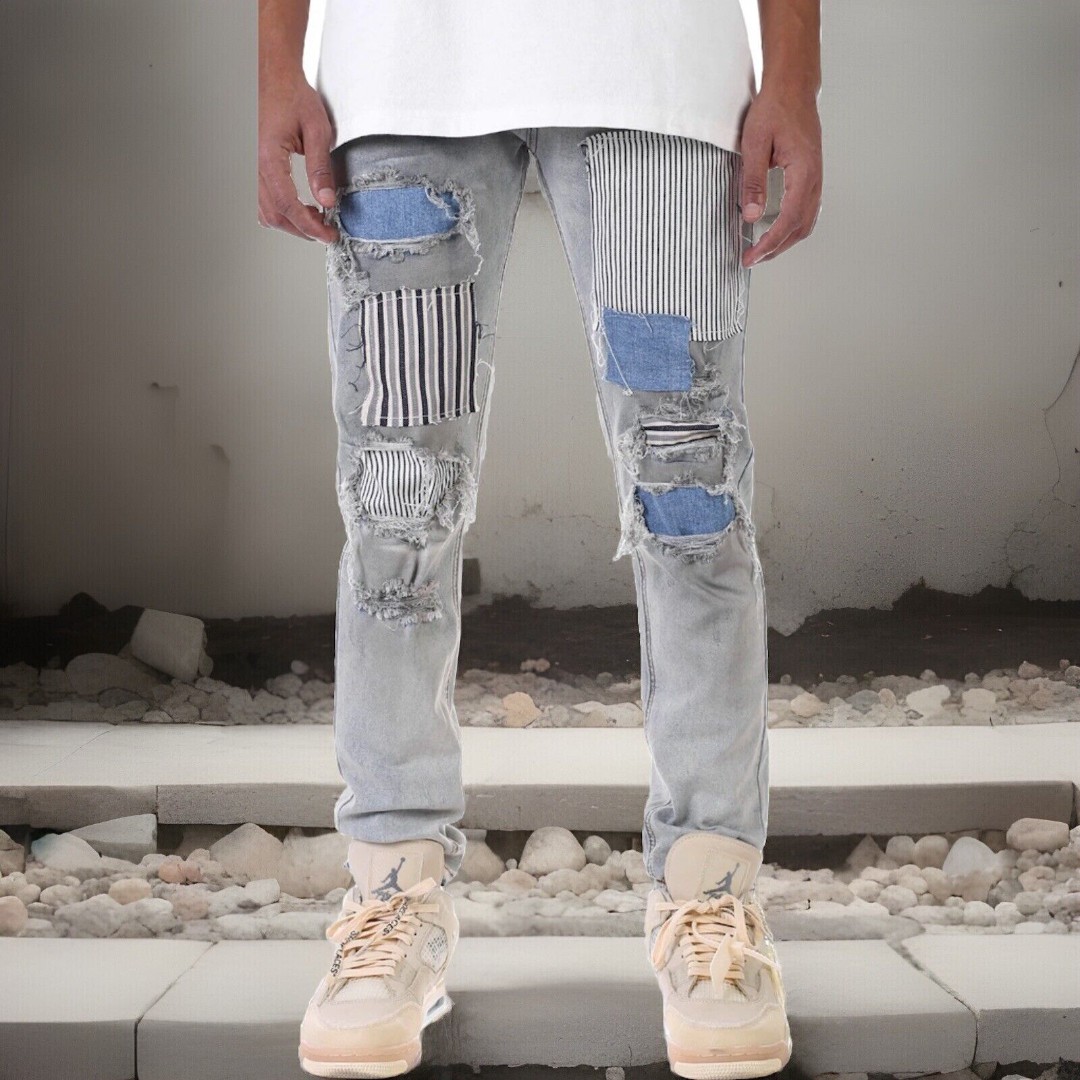 Stripe Patch Jeans KDNK 11 4 14 11 SZ: 38 Skinny Distressed Raw Denim 5 Pocket