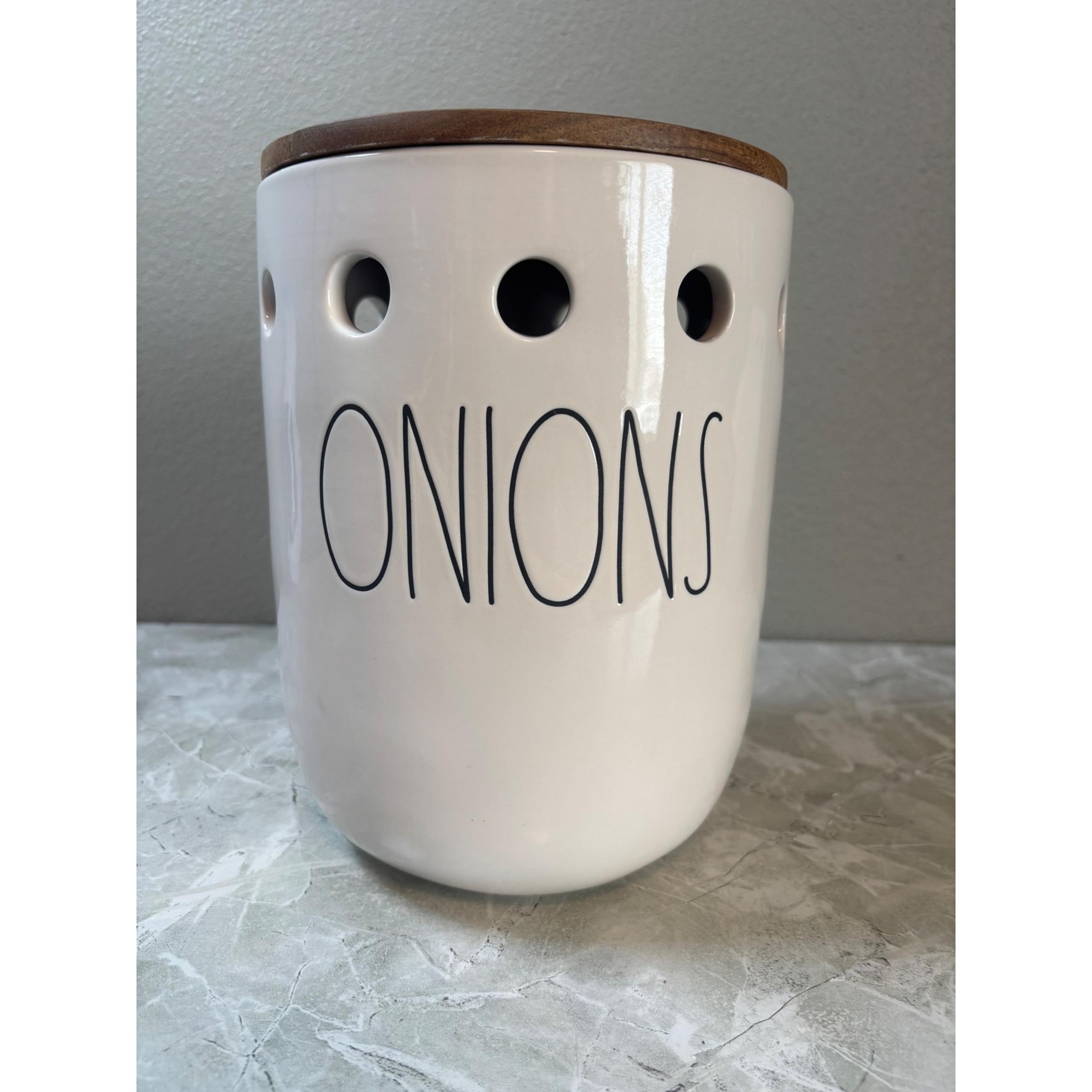 Rae Dunn ONIONS Canister White Ceramic Wood Lid Kitchen Storage Container