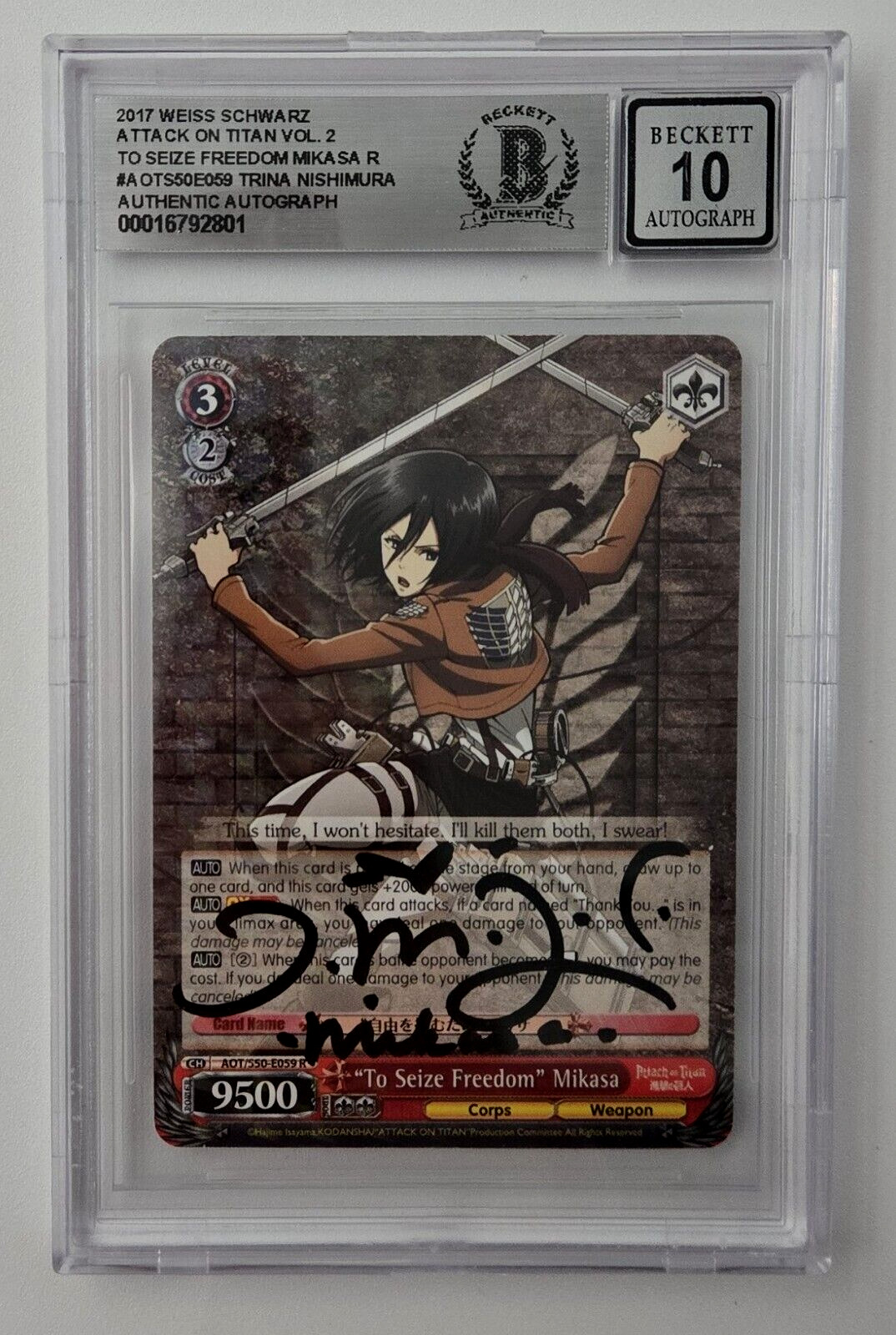 Trina Nishimura Signed Card Attack on Titan Mikasa Autograph Weiss Schwarz 801