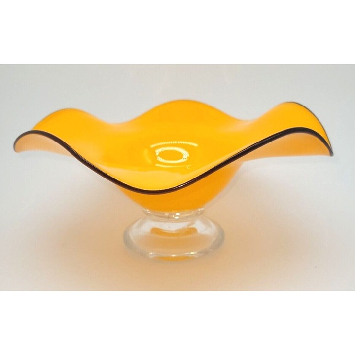 Teleflora Orange Yellow Pedestal Footed Compote Bowl Dish Wavy 9 1/2 x 4 3/4