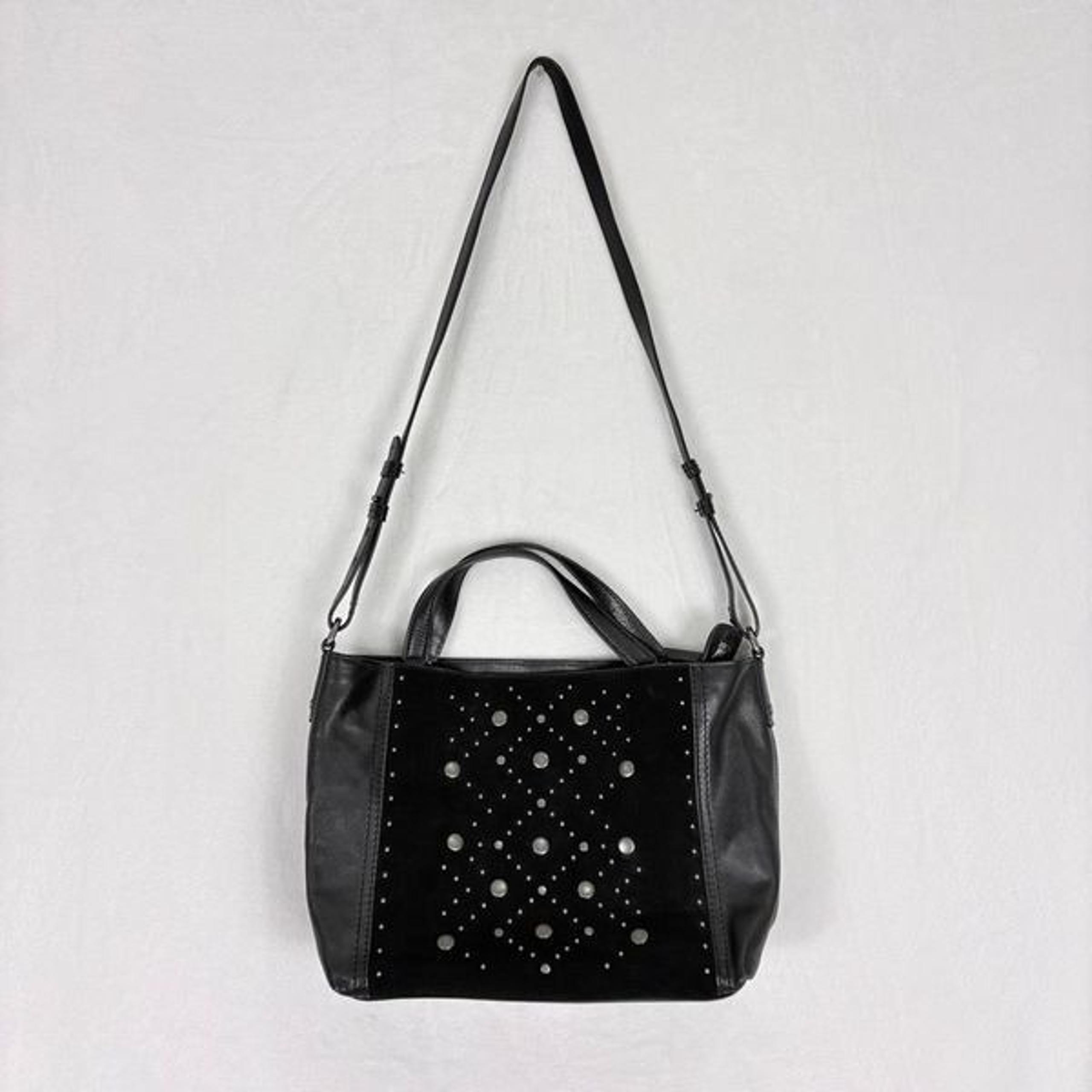 Black Leather and Suede Studded Satchel Purse with Crossbody Strap - Lucky Brand
