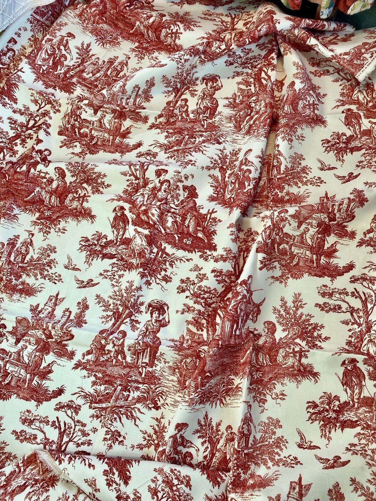 Vintage Waverly Red Toile Drapery Fabric 3.7 yards Country Life Weekend