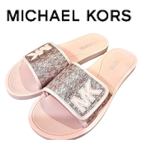 Michael Kors MK Logo Glitter Slide Sandals- Pink