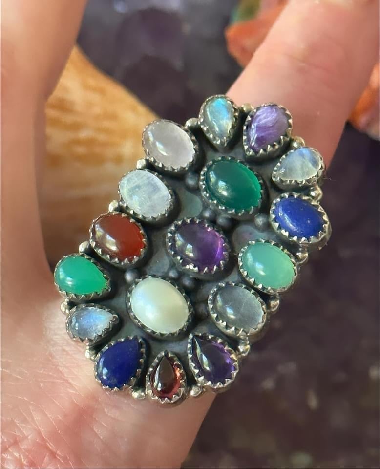Multi gemstones Southwestern setting sterling silver ring