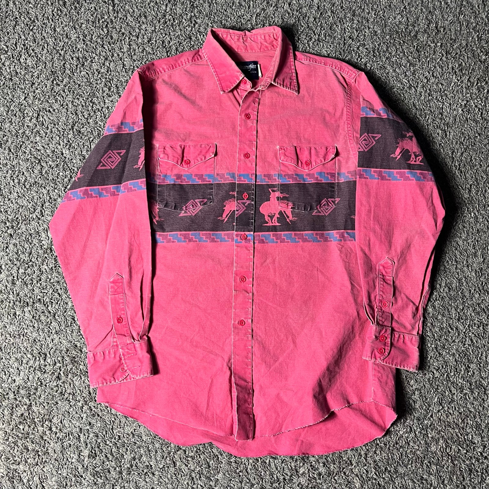 Wrangler Aztec Shirt USA Brushpopper Western X-Long Tails Red Mens 16 1/2 34