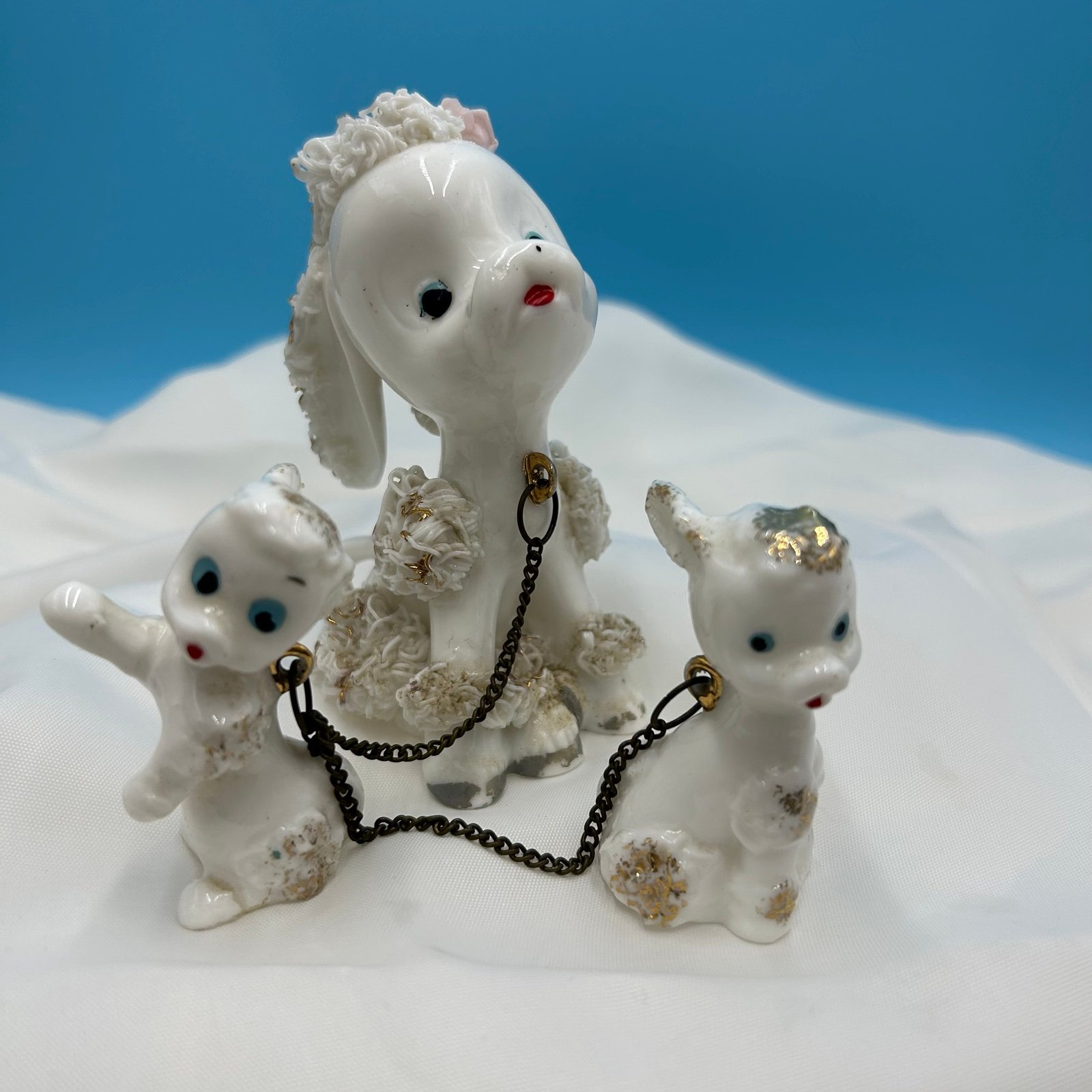 Mother donkey Burro Babies Chained Figurine JAPAN Gold Spaghetti Trim Poodle Cut