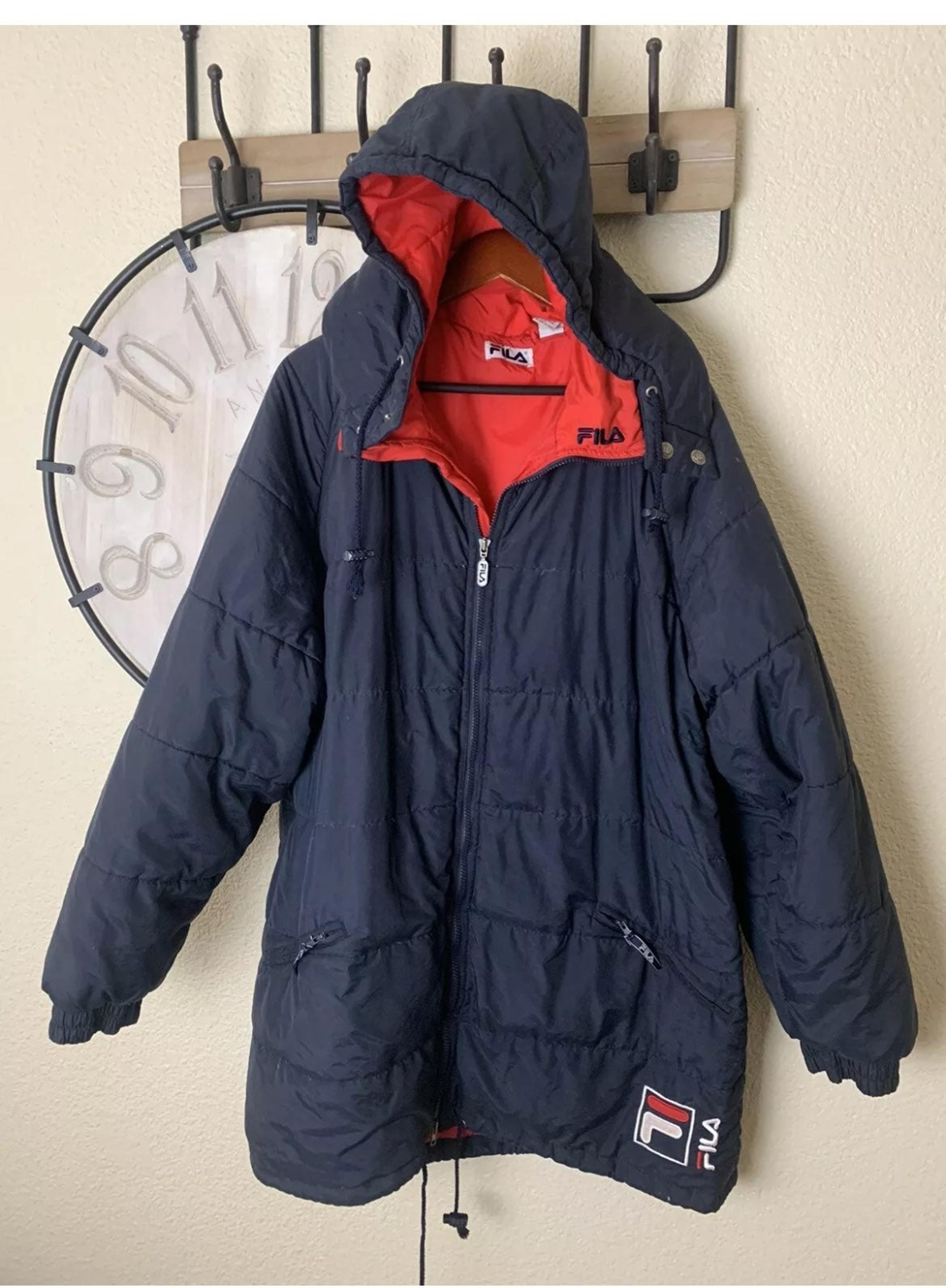 Vintage 90s FILA Feather Puffer Jacket ZipUp Coat Detach Hoodie XXL