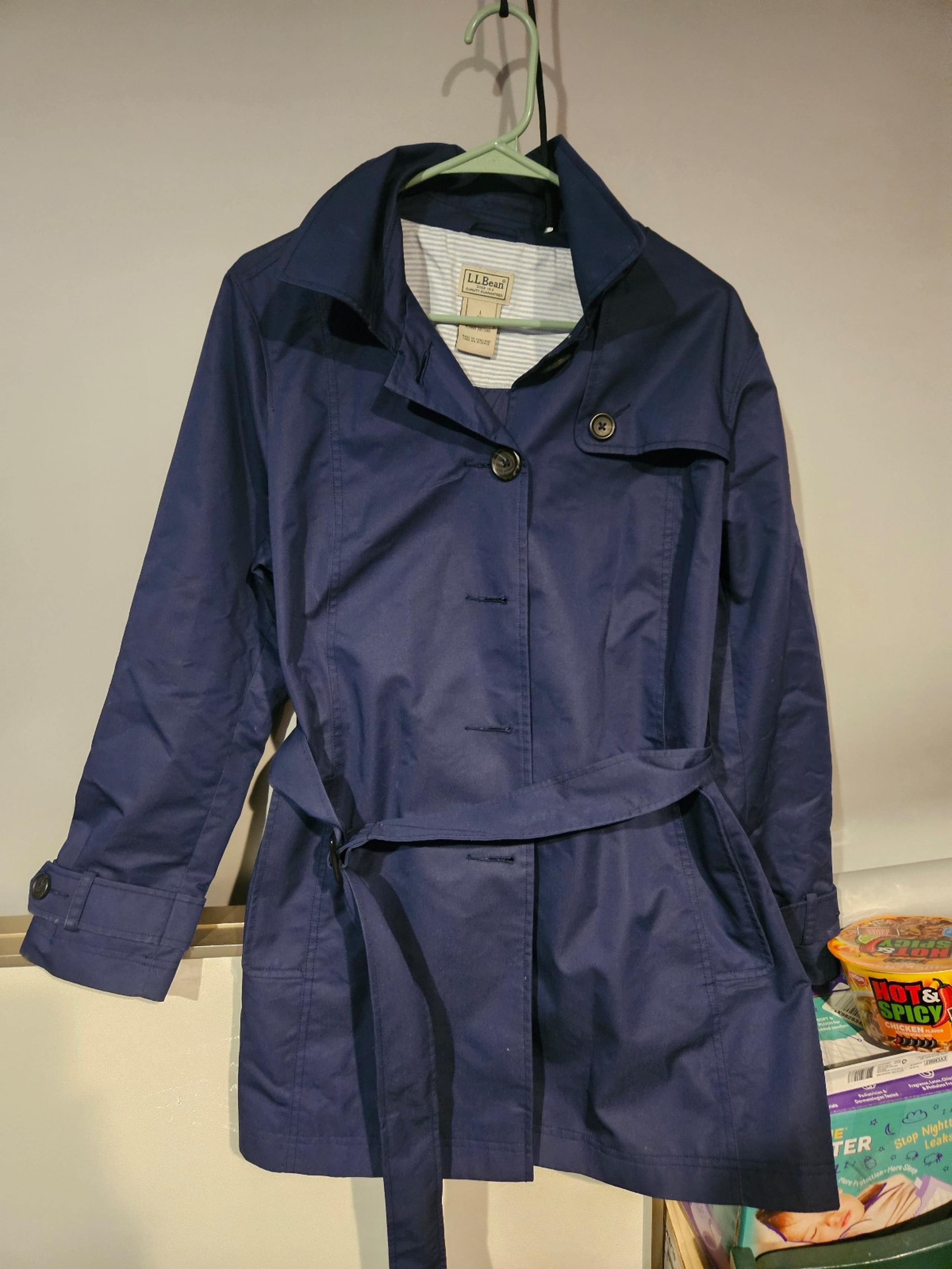 LL Bean Trench Coat Womens Size L P Blue Big Button Belt Long Sleeve