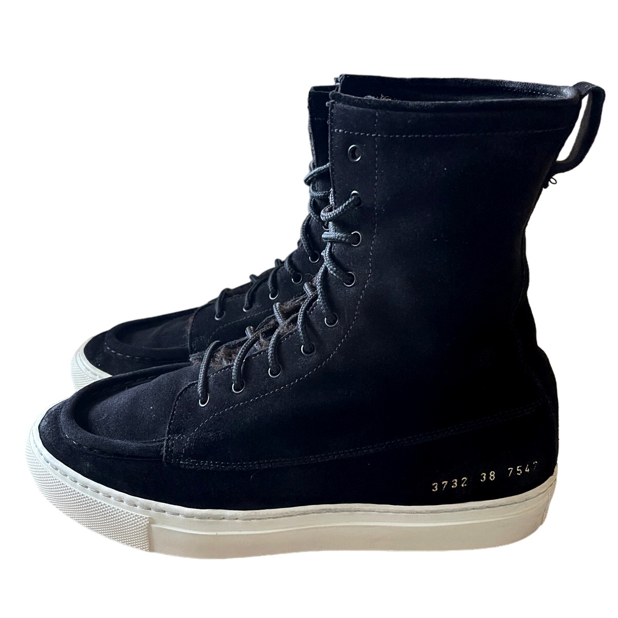 Common Projects Womans 8 Shearling Lace Up Suede Boots High Top Sneakers Black