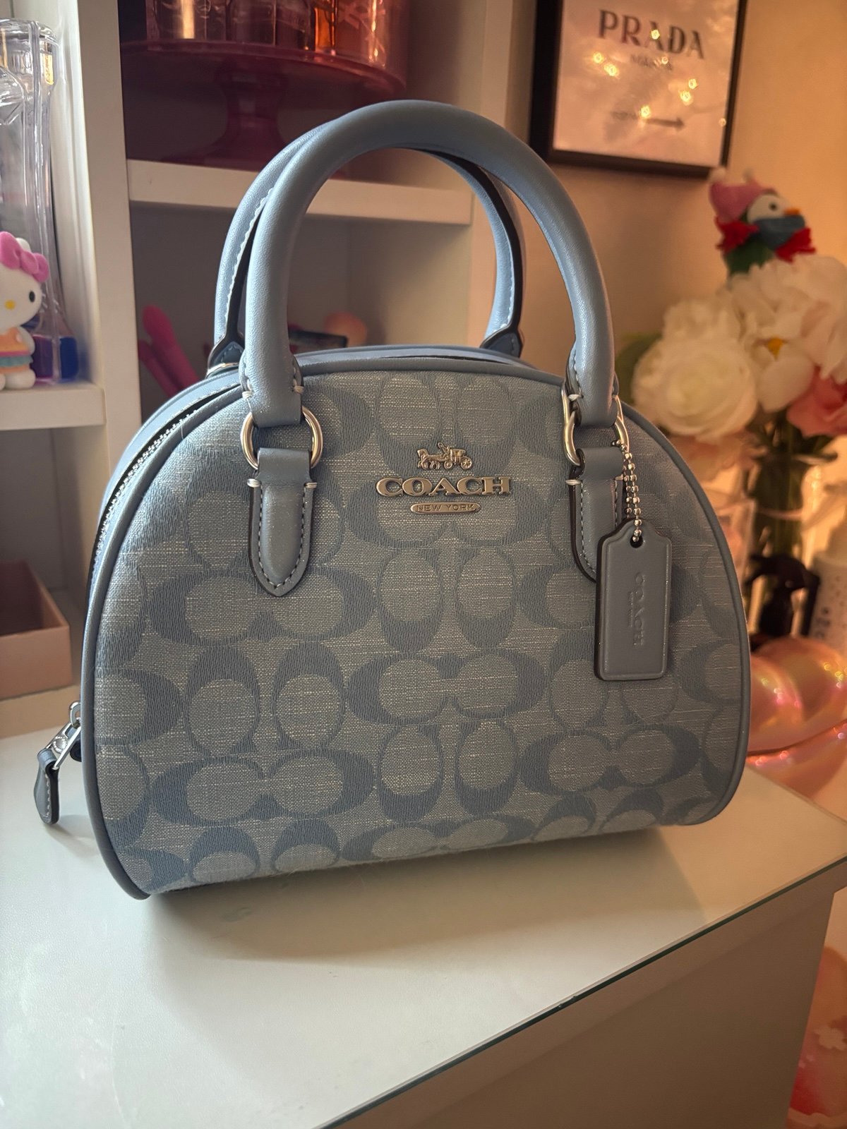 COACH Sydney Satchel Bag Signature Chambray & Leather Cornflower Blue