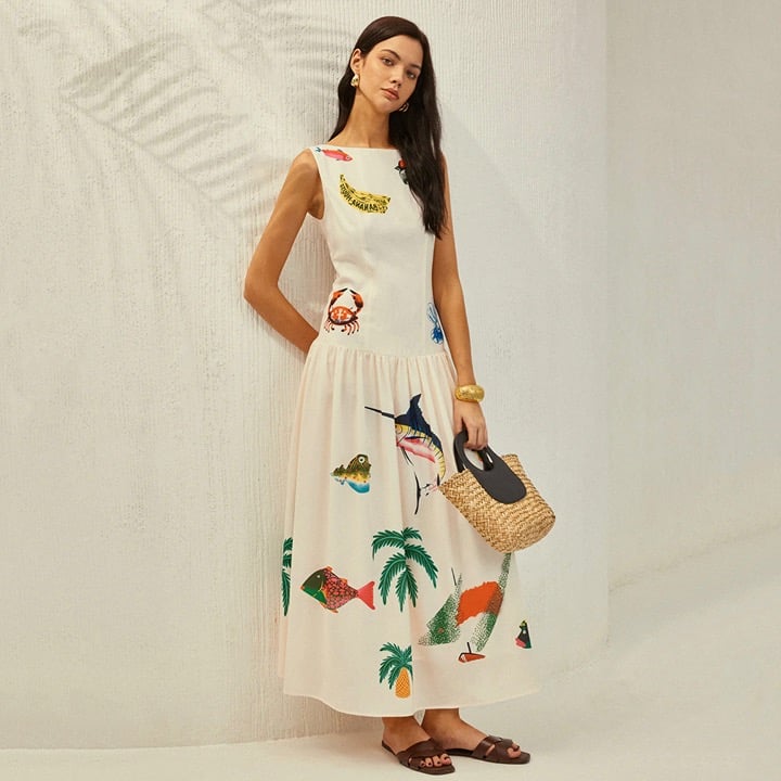 NWT Commense Panel Backless Tropical Print Drop Waist Maxi Dress Size Large