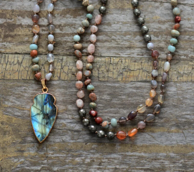 Natural Labradorite Beaded Arrowhead Long Boho Mala Necklace Jasper Quartz