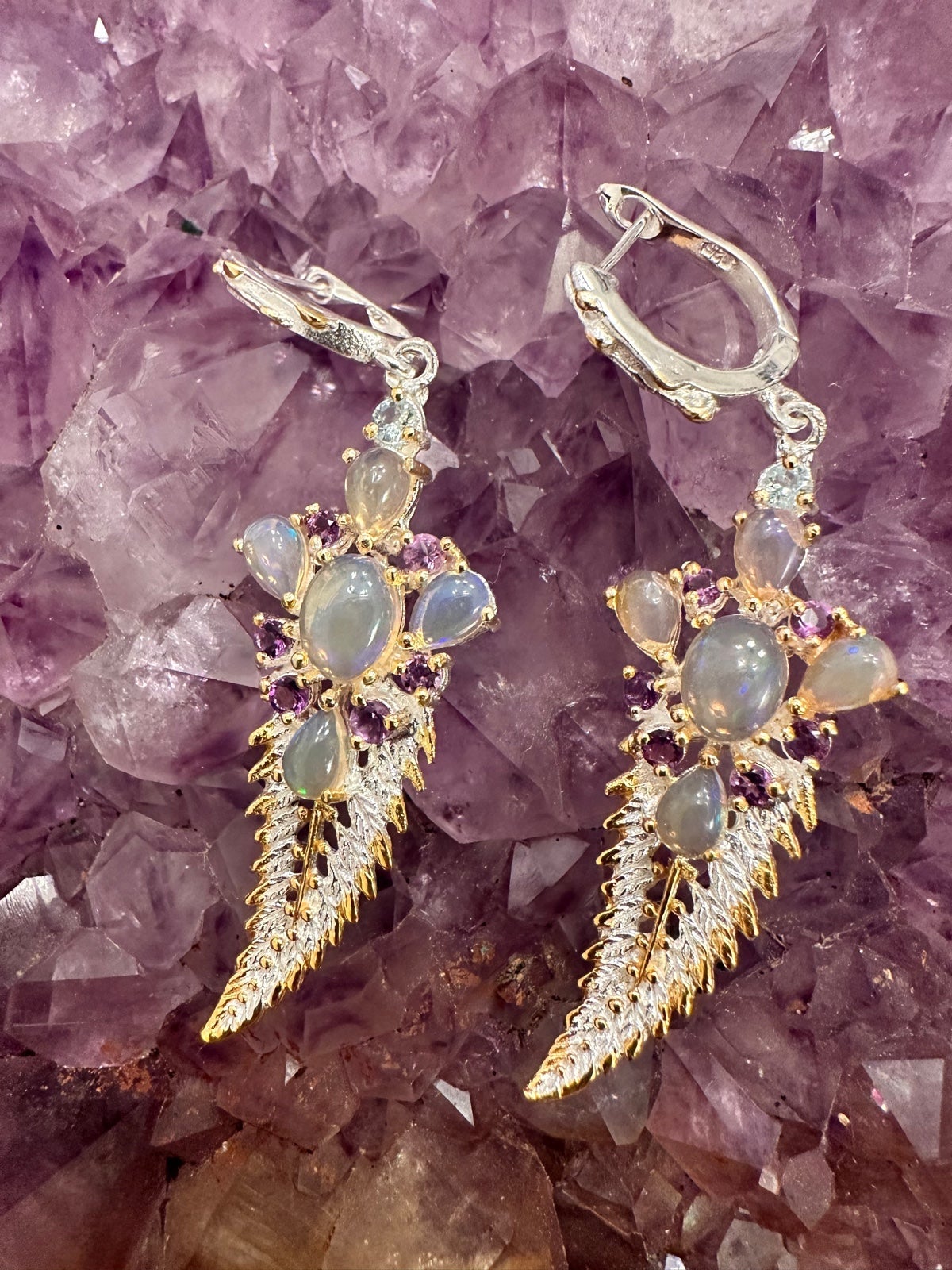 Opal amethyst sterling silver long earrings