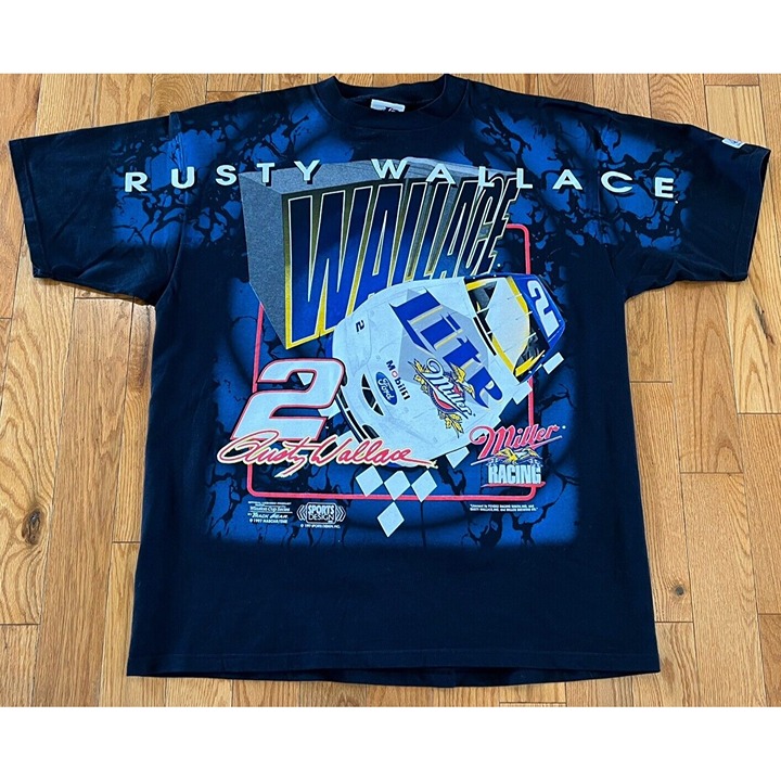 Vintage 1997 Rusty Wallace #2 NASCAR All Over Print Black T-Shirt XL Miller Lite