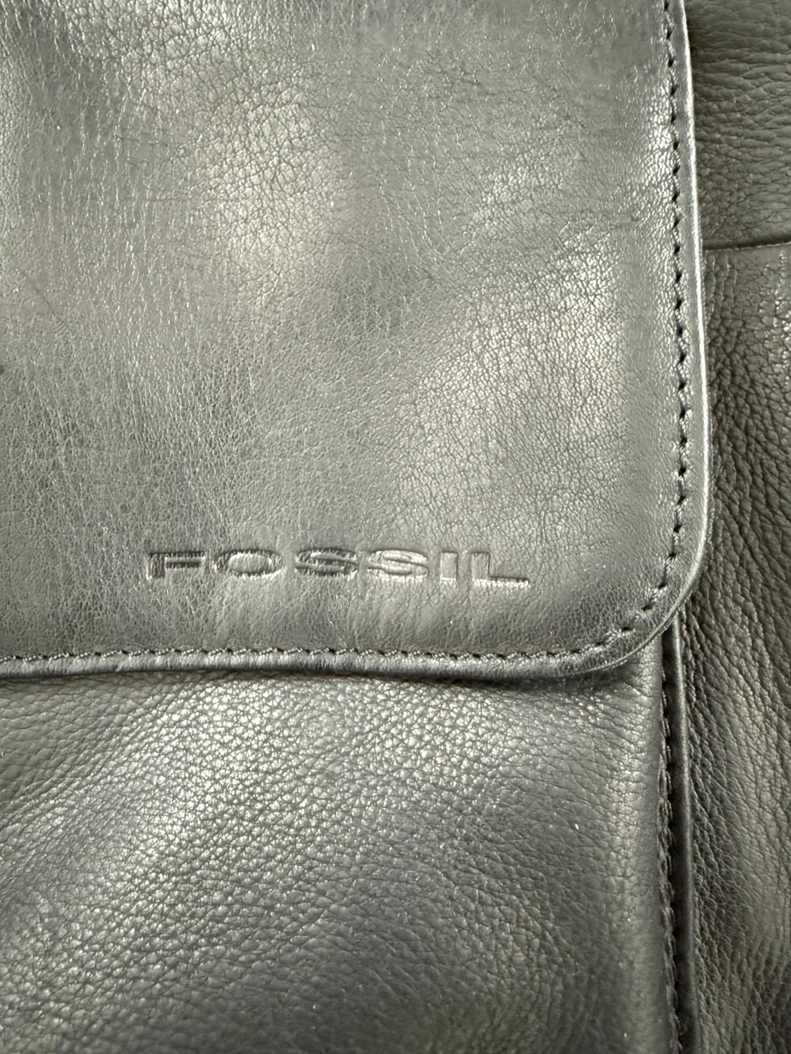 Fossil Black Leather Mens Laptop Computer Bag Briefcase Travel Tote