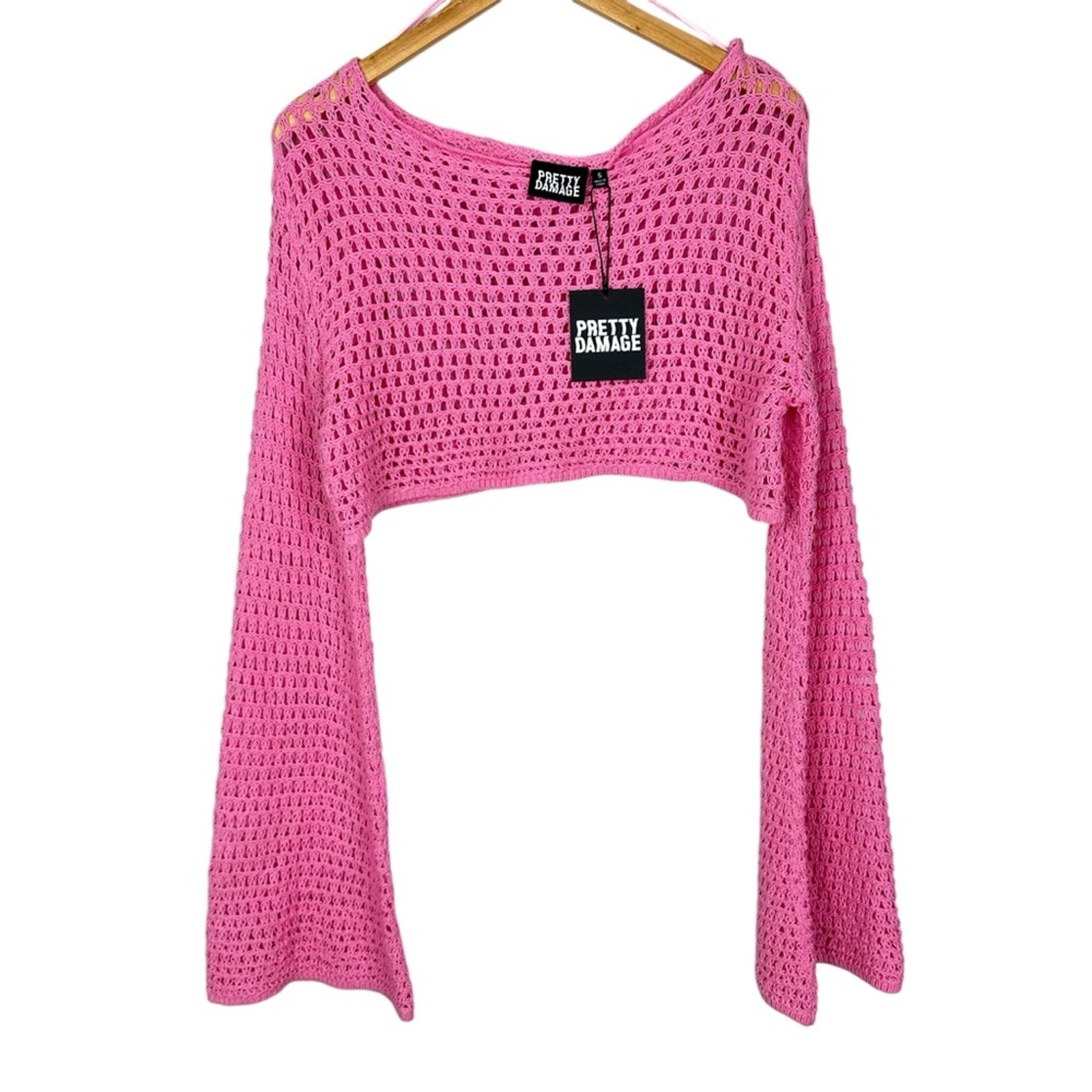NWT Pretty Damage Pink Crochet Bell Long Sleeve Crop Top Size Small