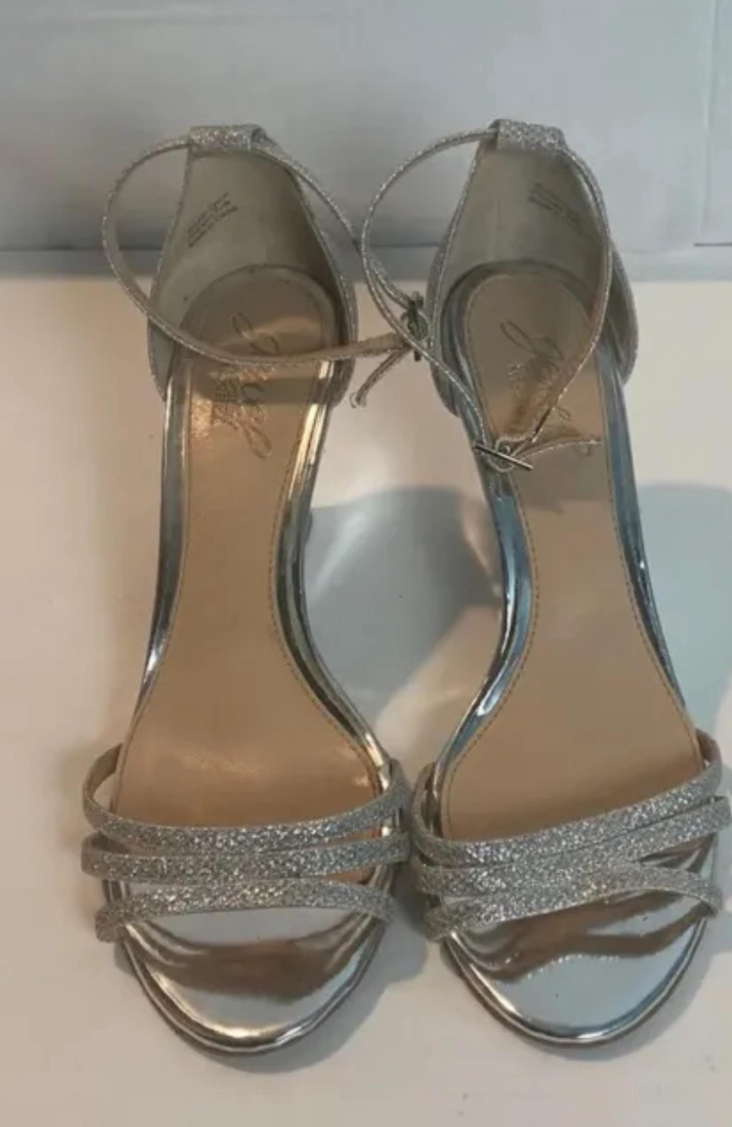 Jewel Badgley Mischka Sparkling Silver Open Toe Wedge Ankle Strap Shoes Sz 7.5