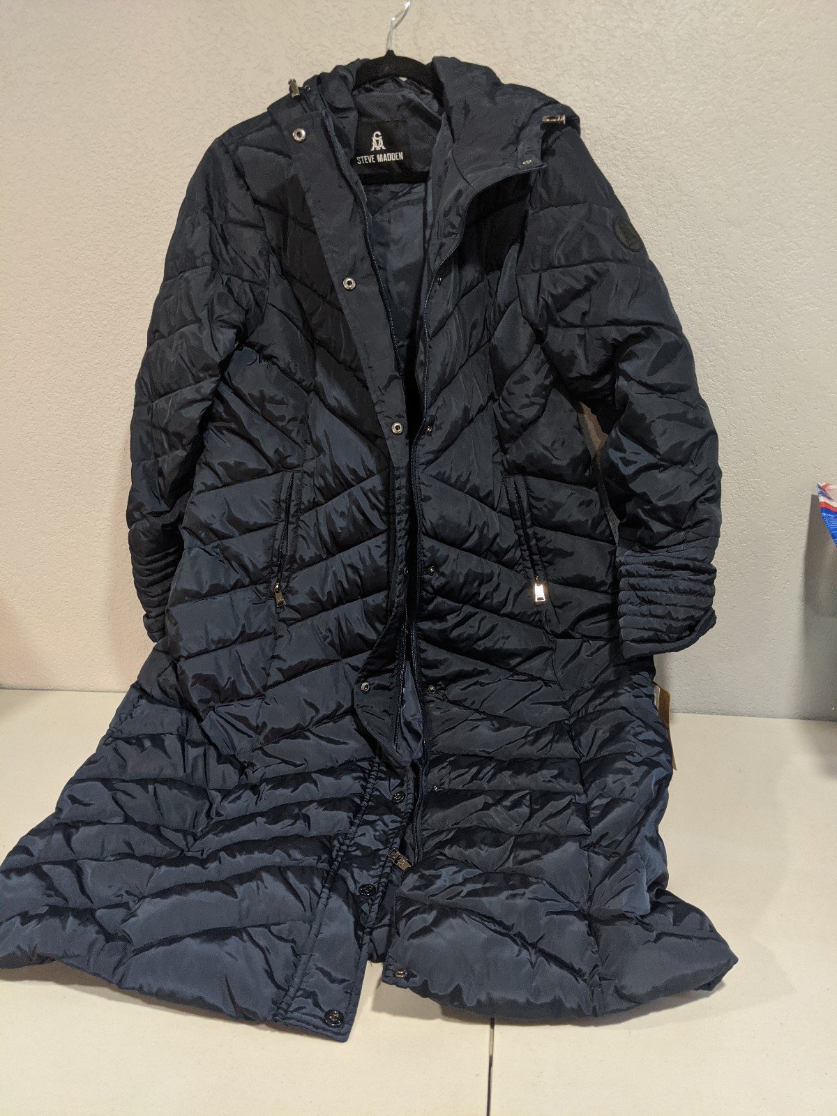 Women's Steve Madden Maxi Puffer Coat Jacket Navy Blue Lightweight Large