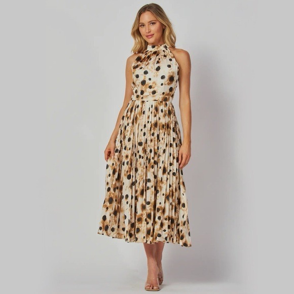 Tan Pleated Halter Midi Dress
