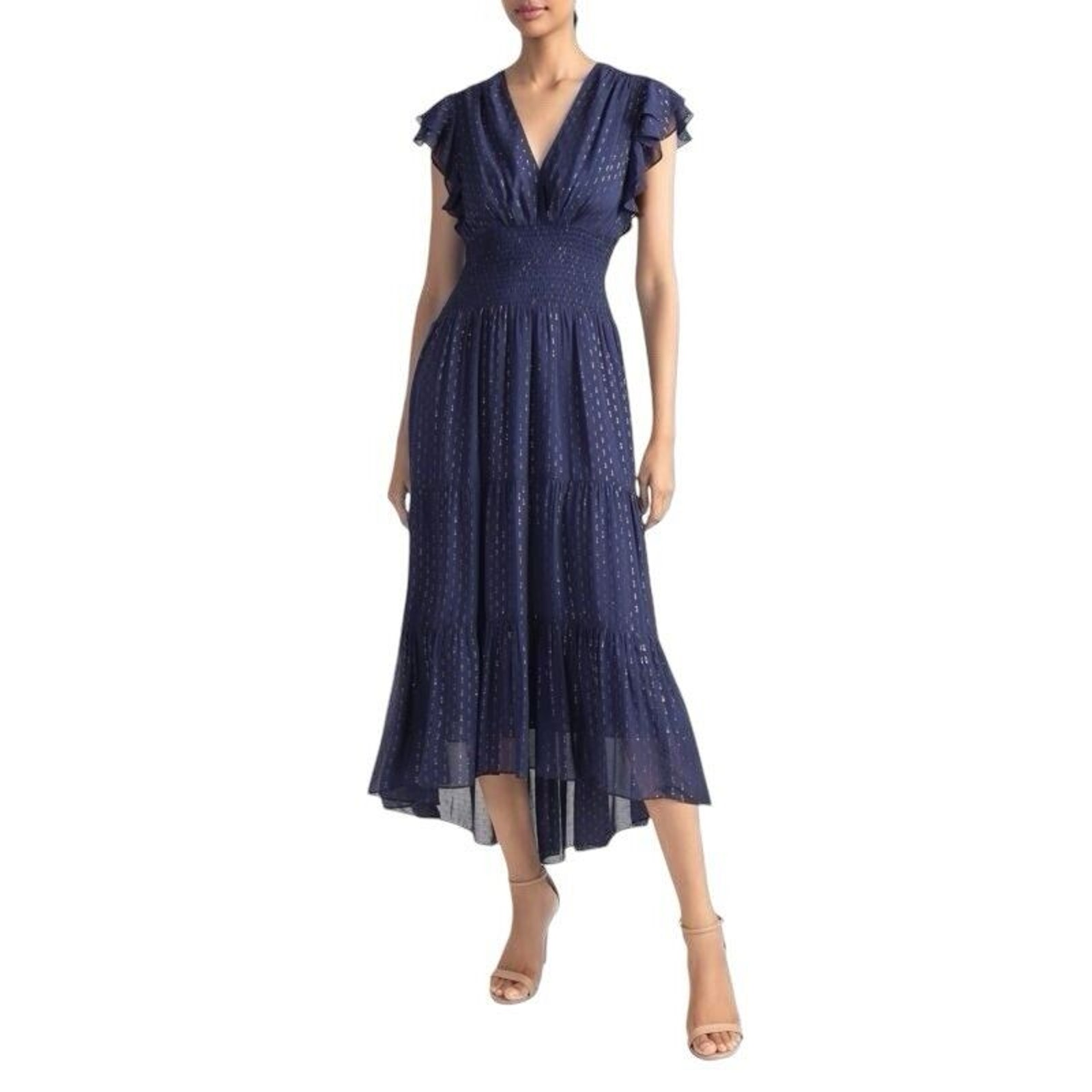 SHOSHANNA Neal Shimmer High Low Midi Dress Navy Size 2
