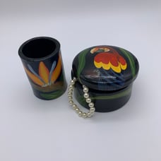 Vtg.Handmade Wooden Box & Cylinder Jar Adorned With Parrot & Tropical Foliage